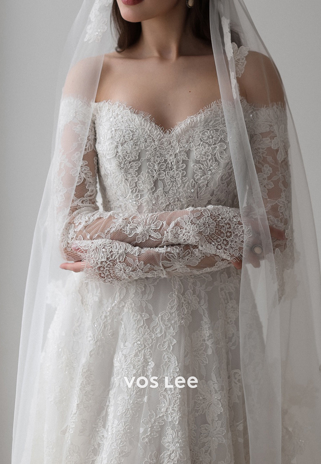 Long Sleeve Off the Shoulder Lace Floral Embellished Wedding Dresses