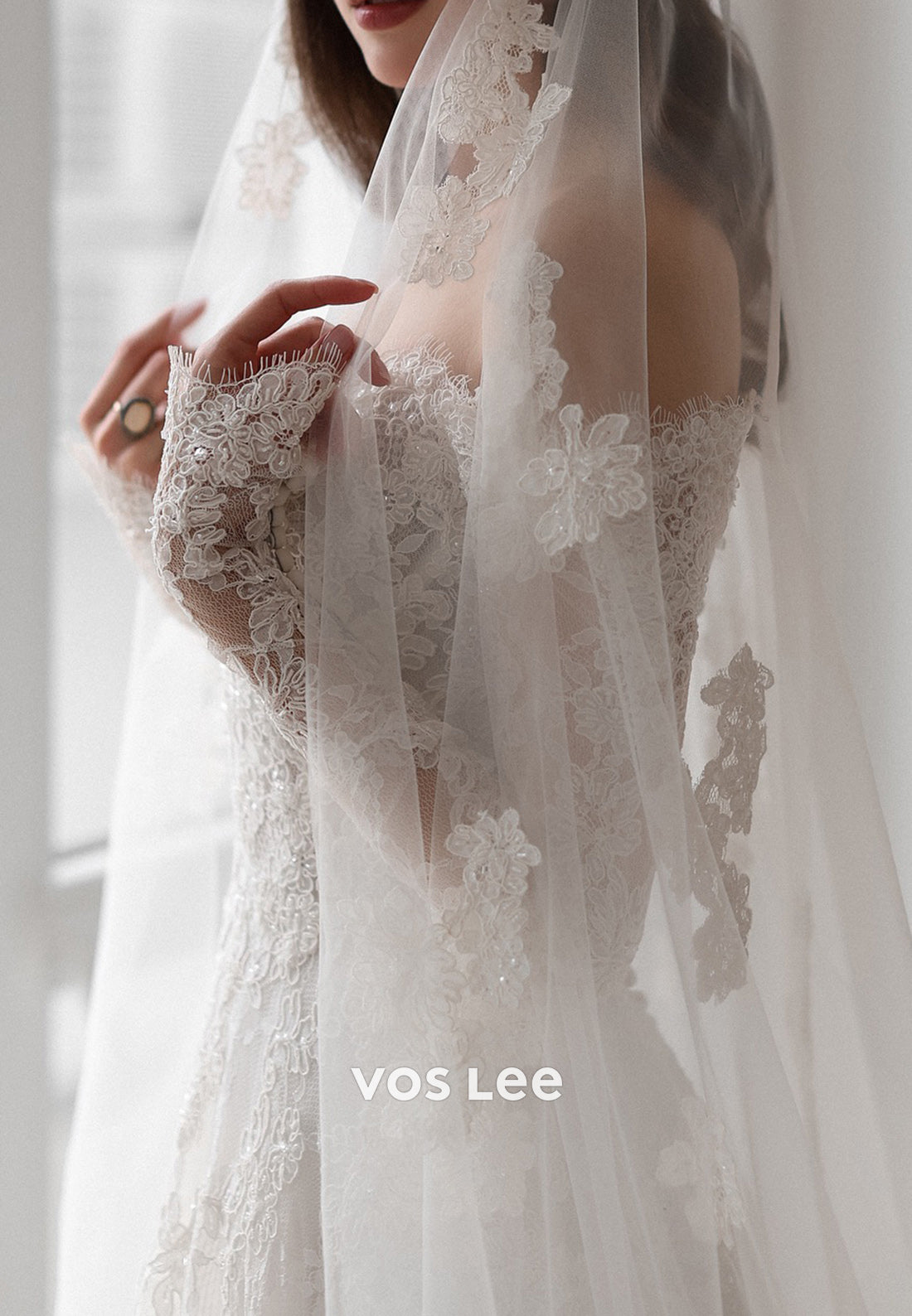 Long Sleeve Off the Shoulder Lace Floral Embellished Wedding Dresses