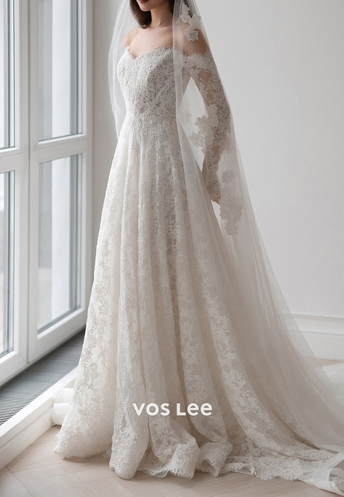 Long Sleeve Off the Shoulder Lace Floral Embellished Wedding Dresses