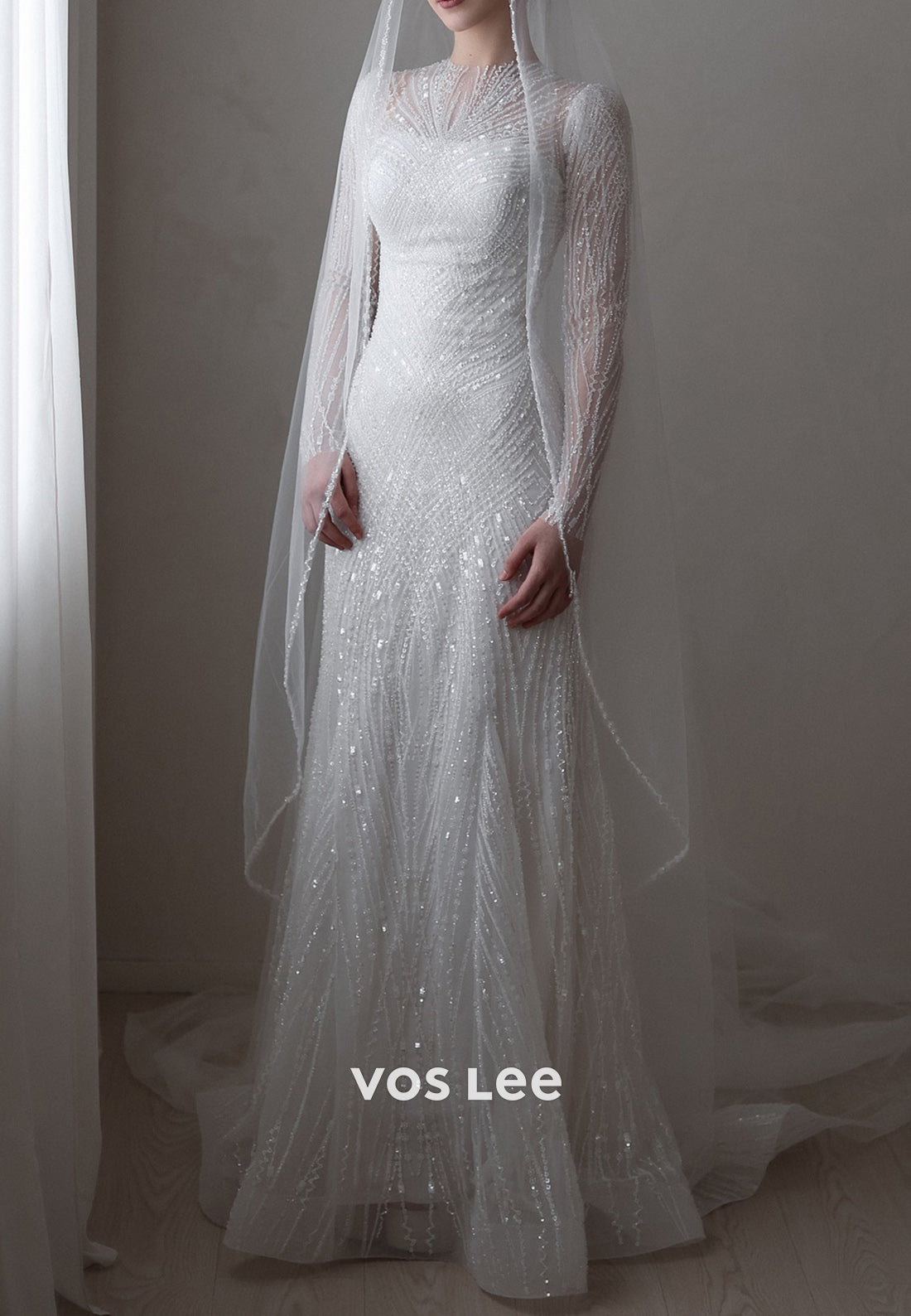Long Sleeve Scoop Fully Sequins Beaded Wedding Dresses with Detachable Train
