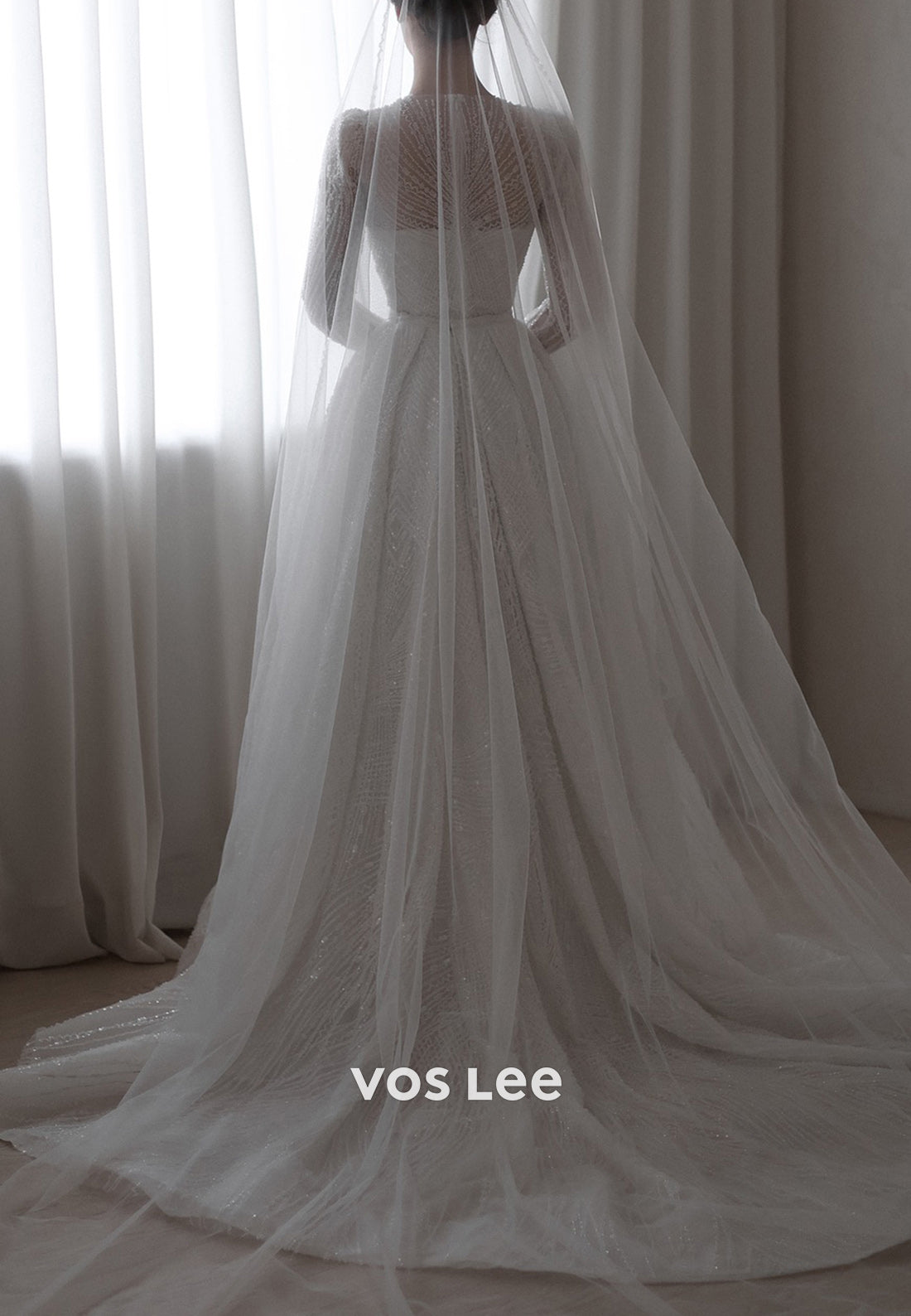 Long Sleeve Scoop Fully Sequins Beaded Wedding Dresses with Detachable Train