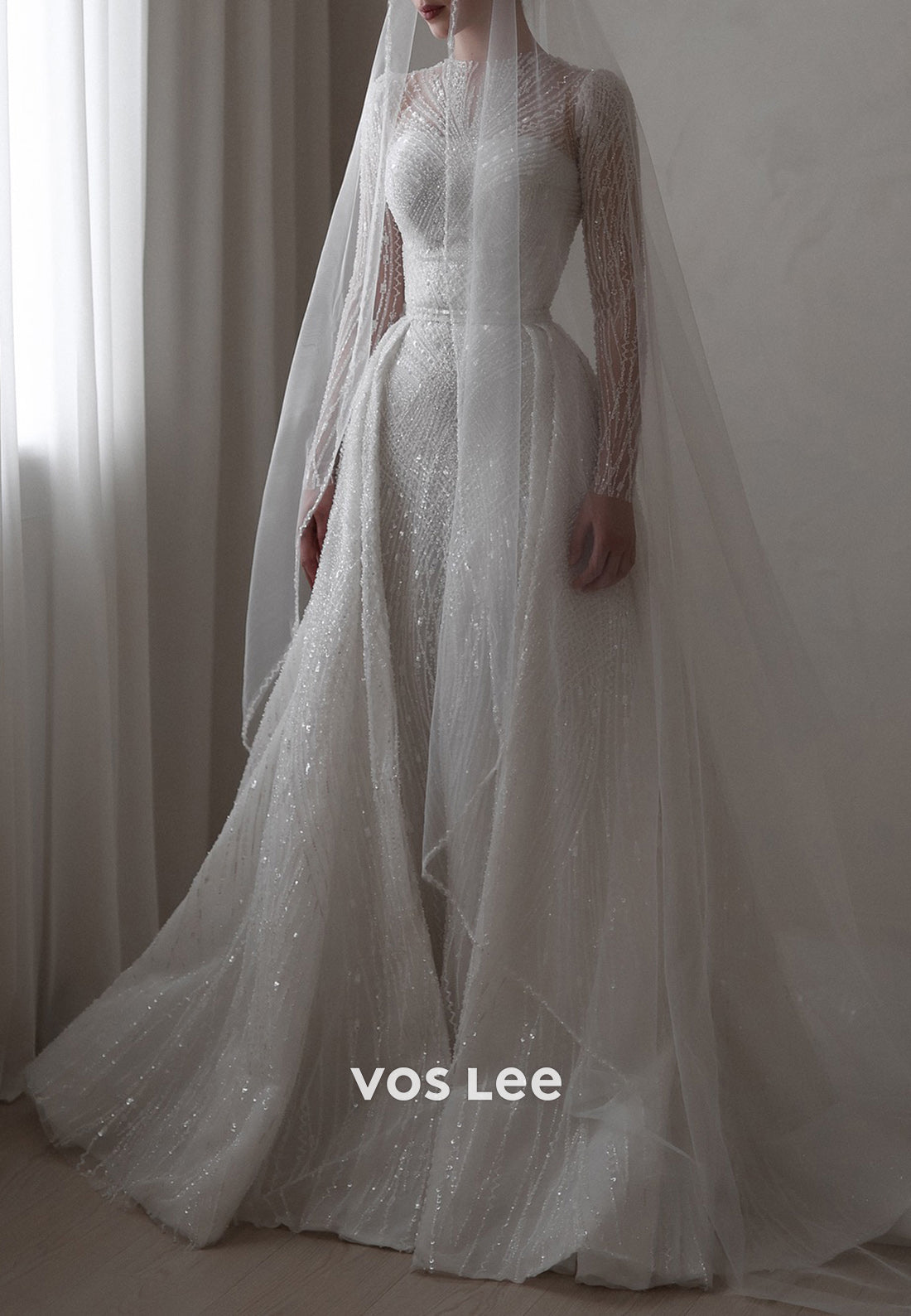 Long Sleeve Scoop Fully Sequins Beaded Wedding Dresses with Detachable Train