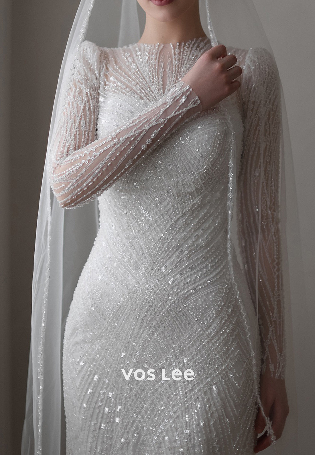 Long Sleeve Scoop Fully Sequins Beaded Wedding Dresses with Detachable Train