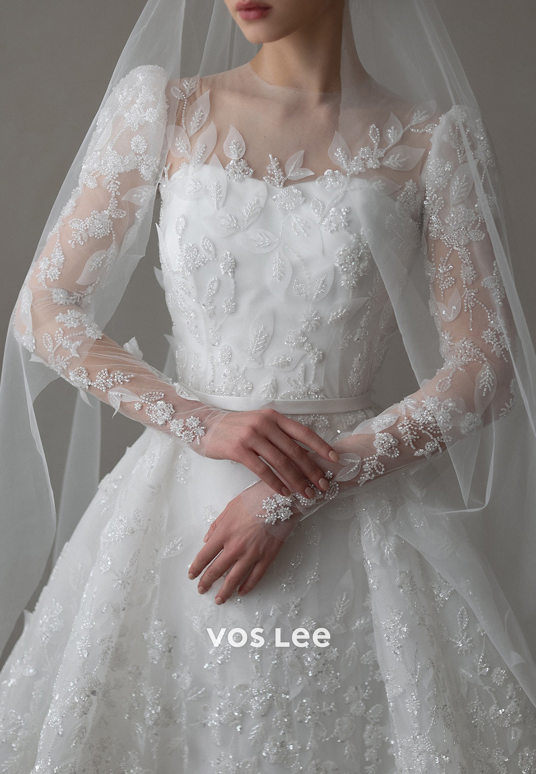 A-Line Scoop Appliques Lace Beaded Sequins Wedding Dresses with Chapel Train