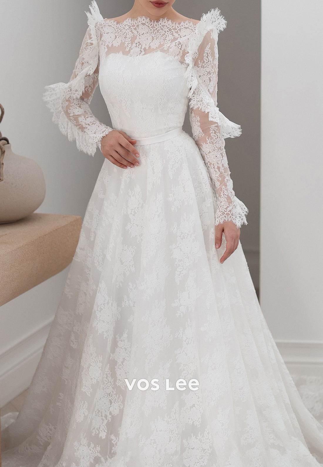 A-Line Bateau Neck Long Sleeve Appliques Lace Wedding Dresses with Court Train