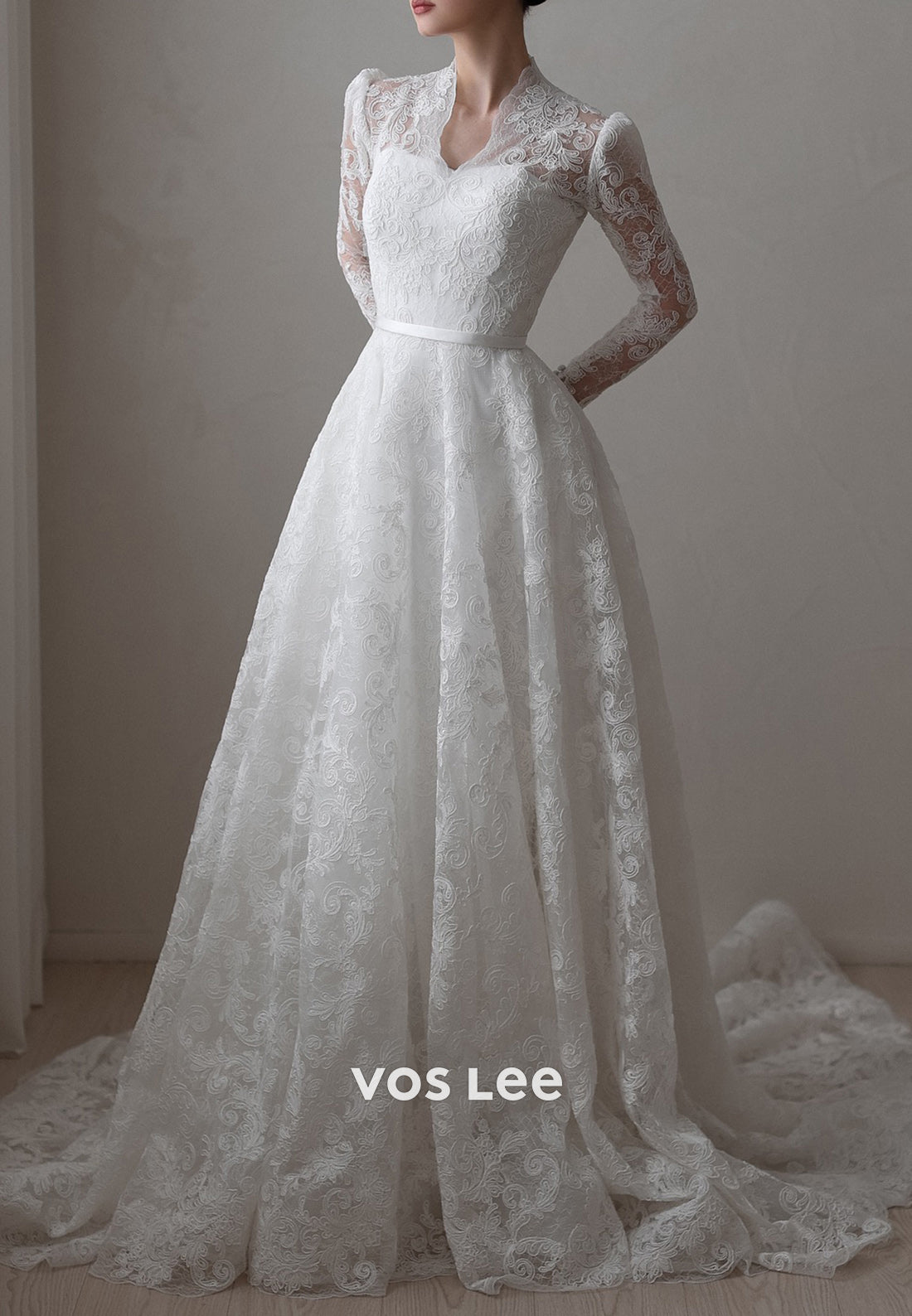 A-Line V Neck Long Sleeve Appliques Lace Wedding Dresses with Court Train