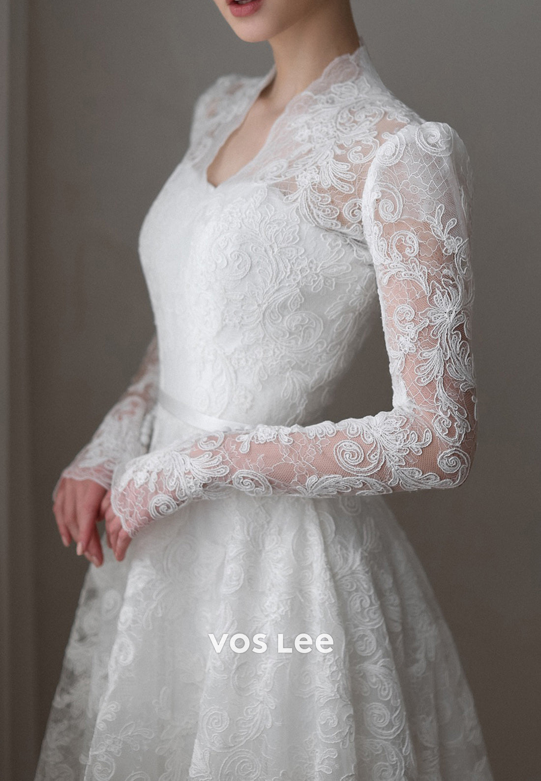 A-Line V Neck Long Sleeve Appliques Lace Wedding Dresses with Court Train