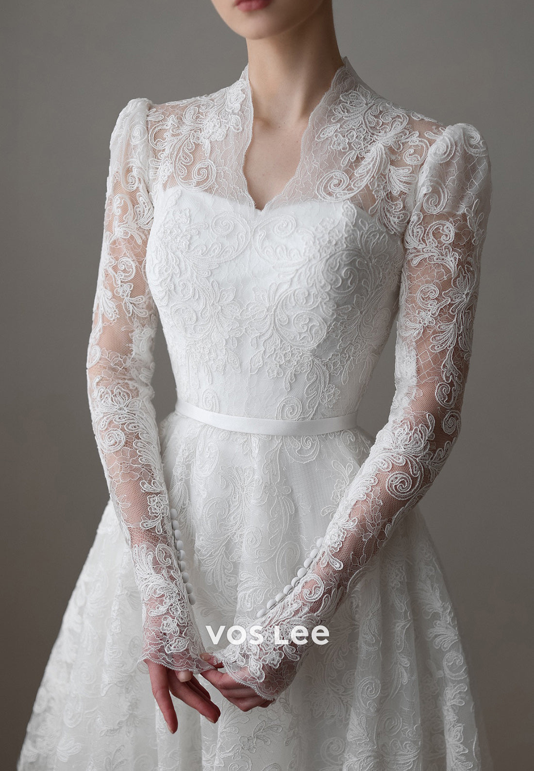 A-Line V Neck Long Sleeve Appliques Lace Wedding Dresses with Court Train