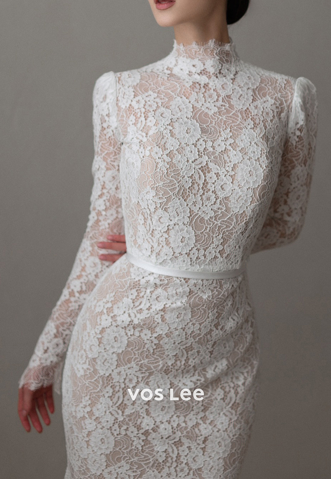 Appliques Lace High Neck Long Sleeve Mermaid Wedding Dresses with Sweep Train