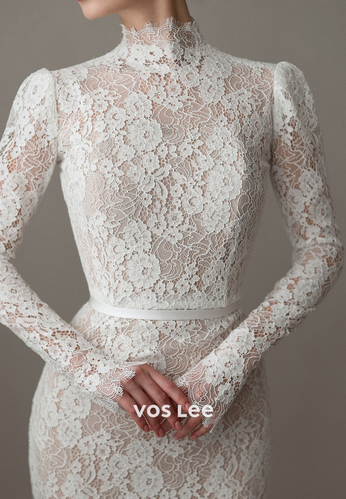 Appliques Lace High Neck Long Sleeve Mermaid Wedding Dresses with Sweep Train