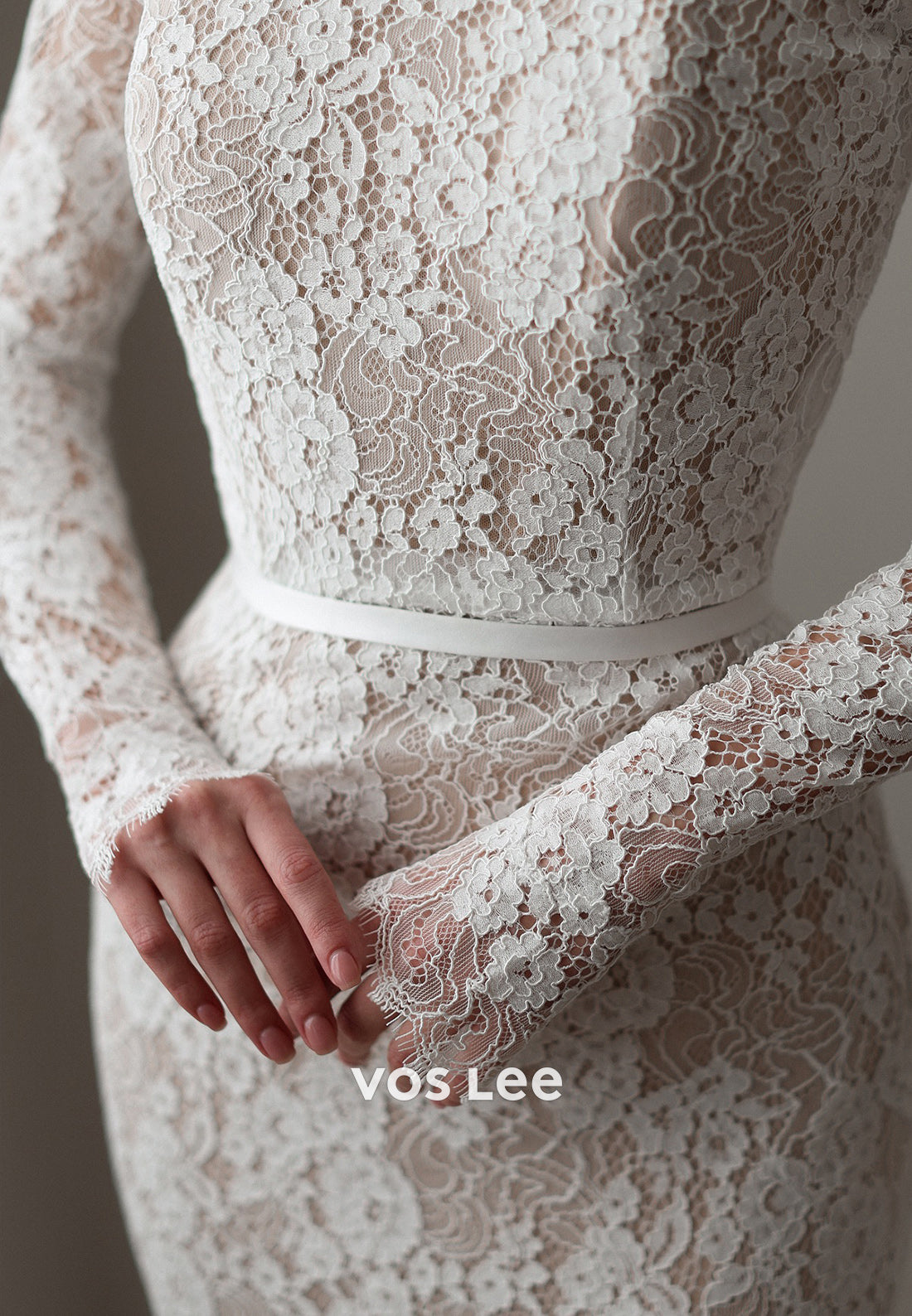 Appliques Lace High Neck Long Sleeve Mermaid Wedding Dresses with Sweep Train