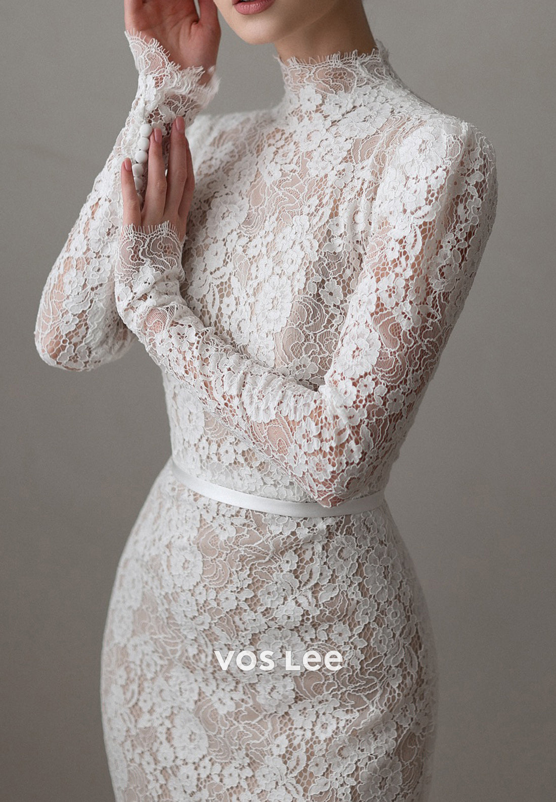 Appliques Lace High Neck Long Sleeve Mermaid Wedding Dresses with Sweep Train