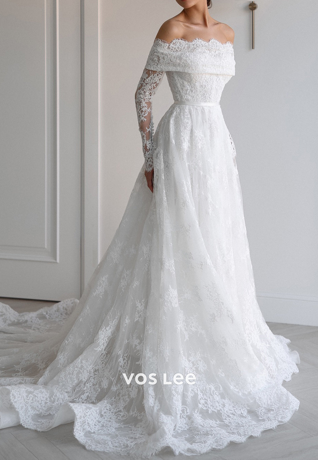 Lace Off the Shoulder Long Sleeve Covered Button Pleated Wedding Dresses