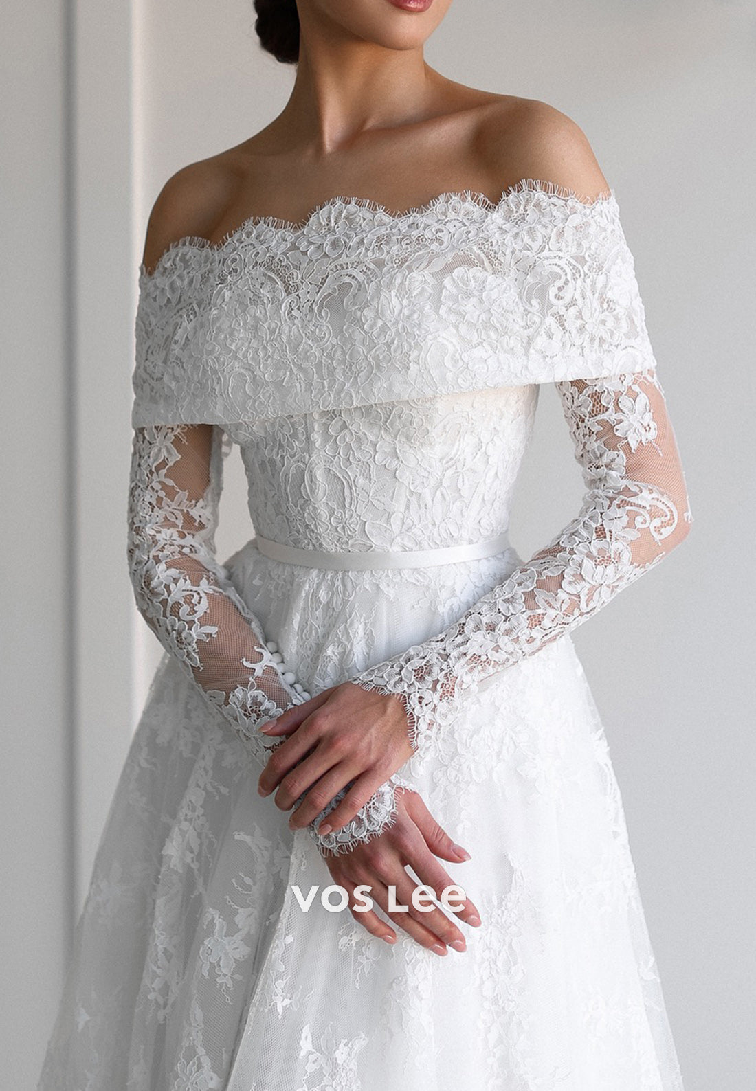Lace Off the Shoulder Long Sleeve Covered Button Pleated Wedding Dresses