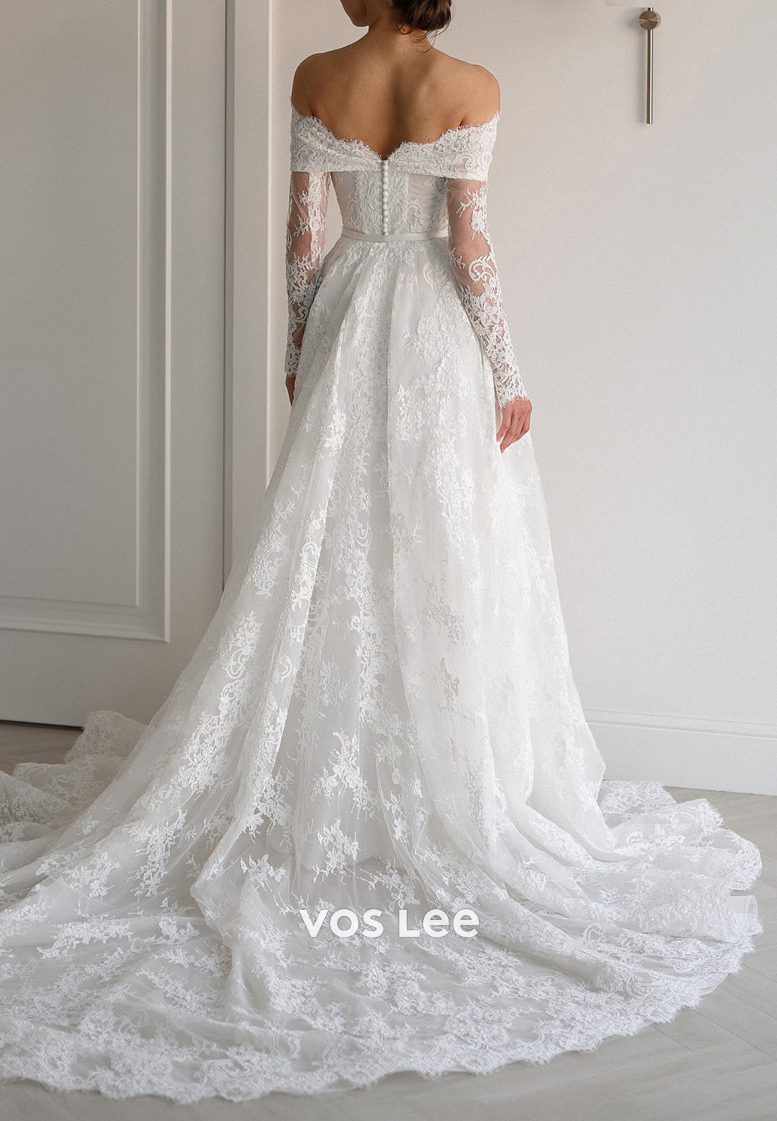 Lace Off the Shoulder Long Sleeve Covered Button Pleated Wedding Dresses