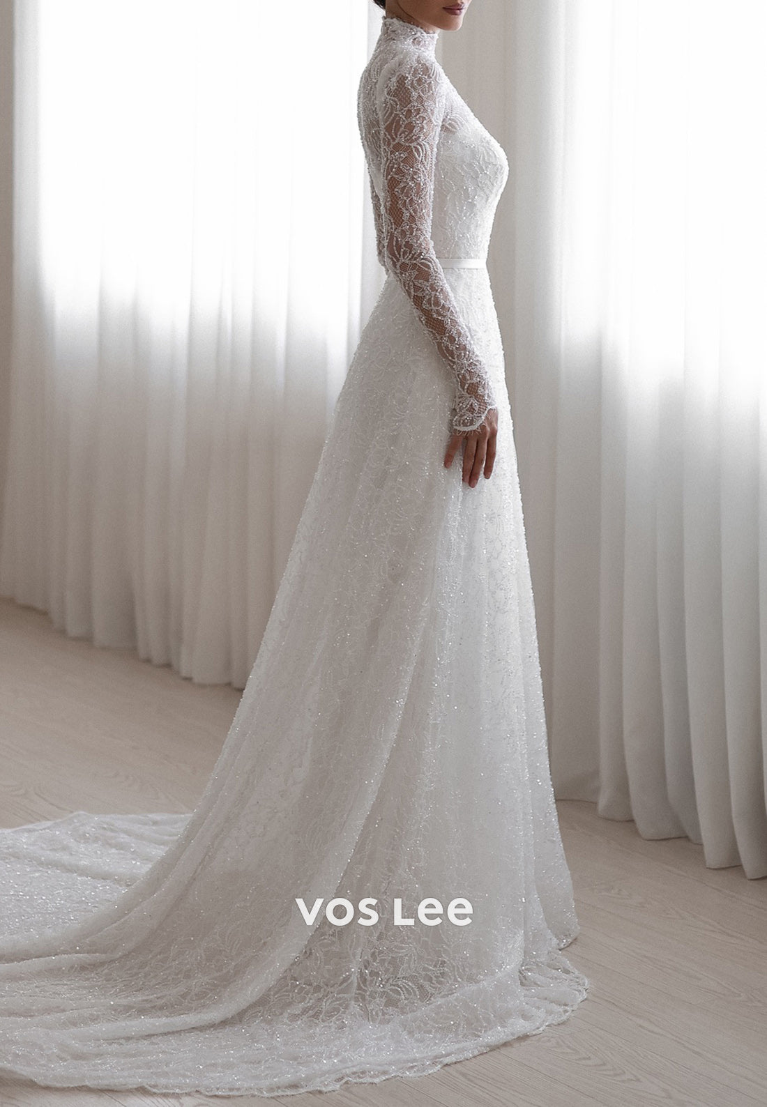 Fully Beaded Appliques Lace Sheath Wedding Dresses with Court Train