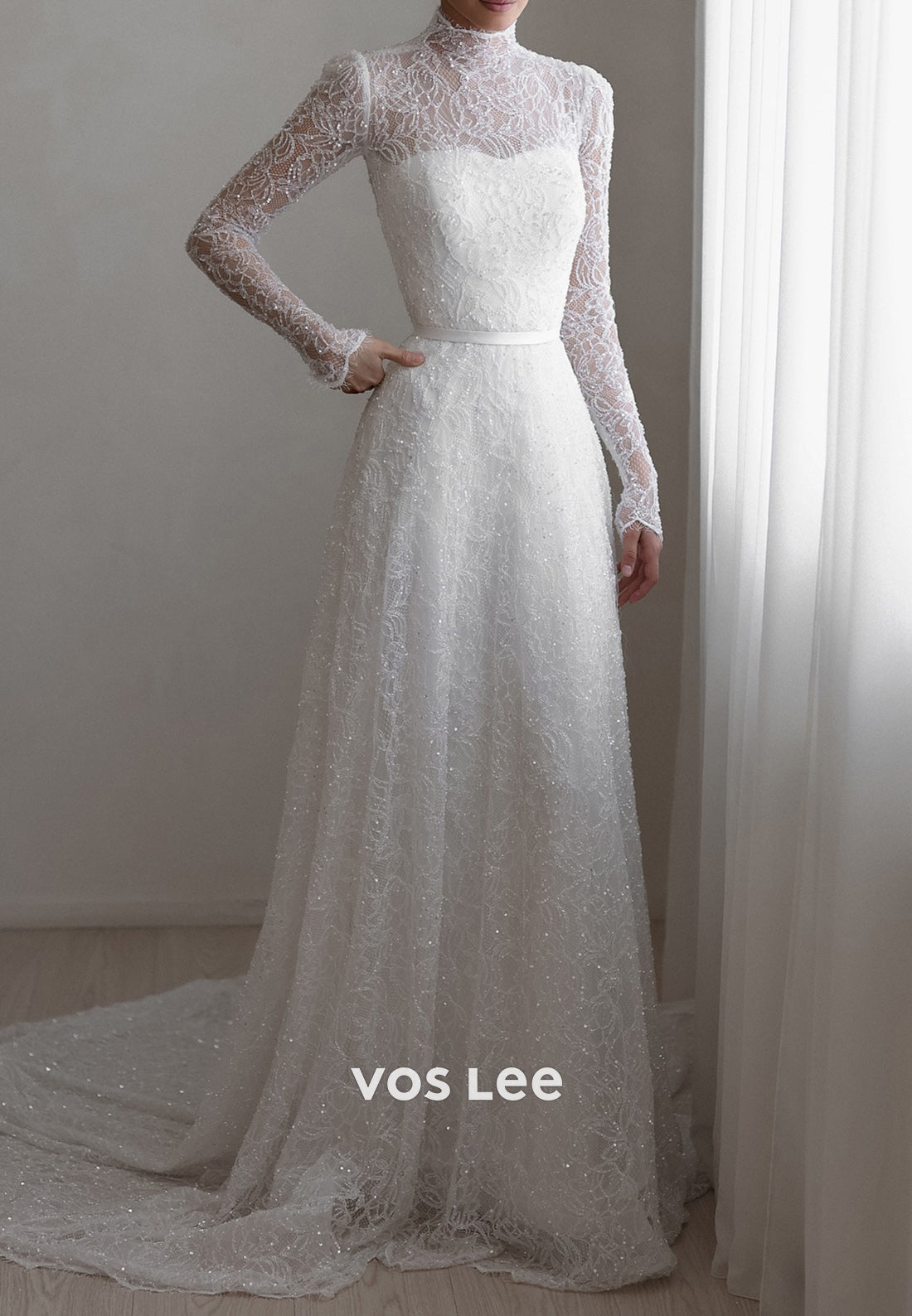 Fully Beaded Appliques Lace Sheath Wedding Dresses with Court Train