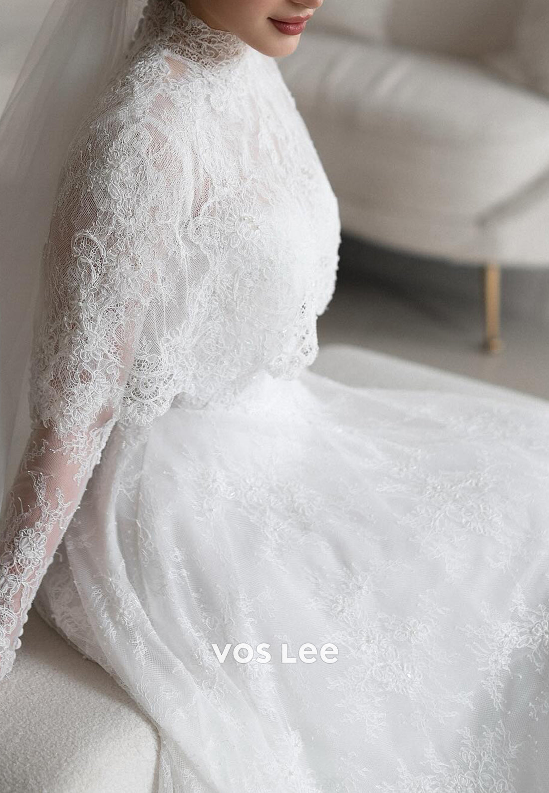 Appliques Lace Pearl Long Sleeve Illusion Neck Wedding Dresses with Court Train