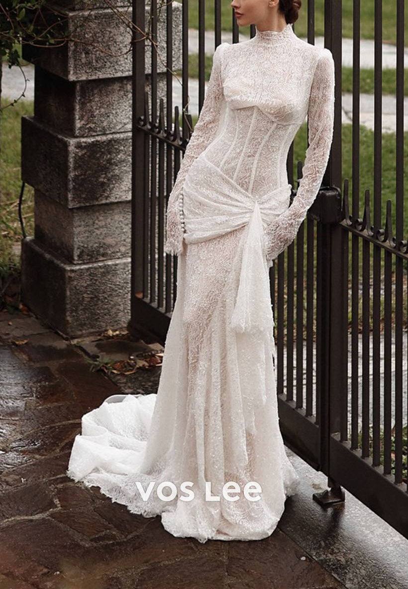 Elegant High Neck Sheer Long Sleeve Lace Mermaid Wedding Dress with Ruched