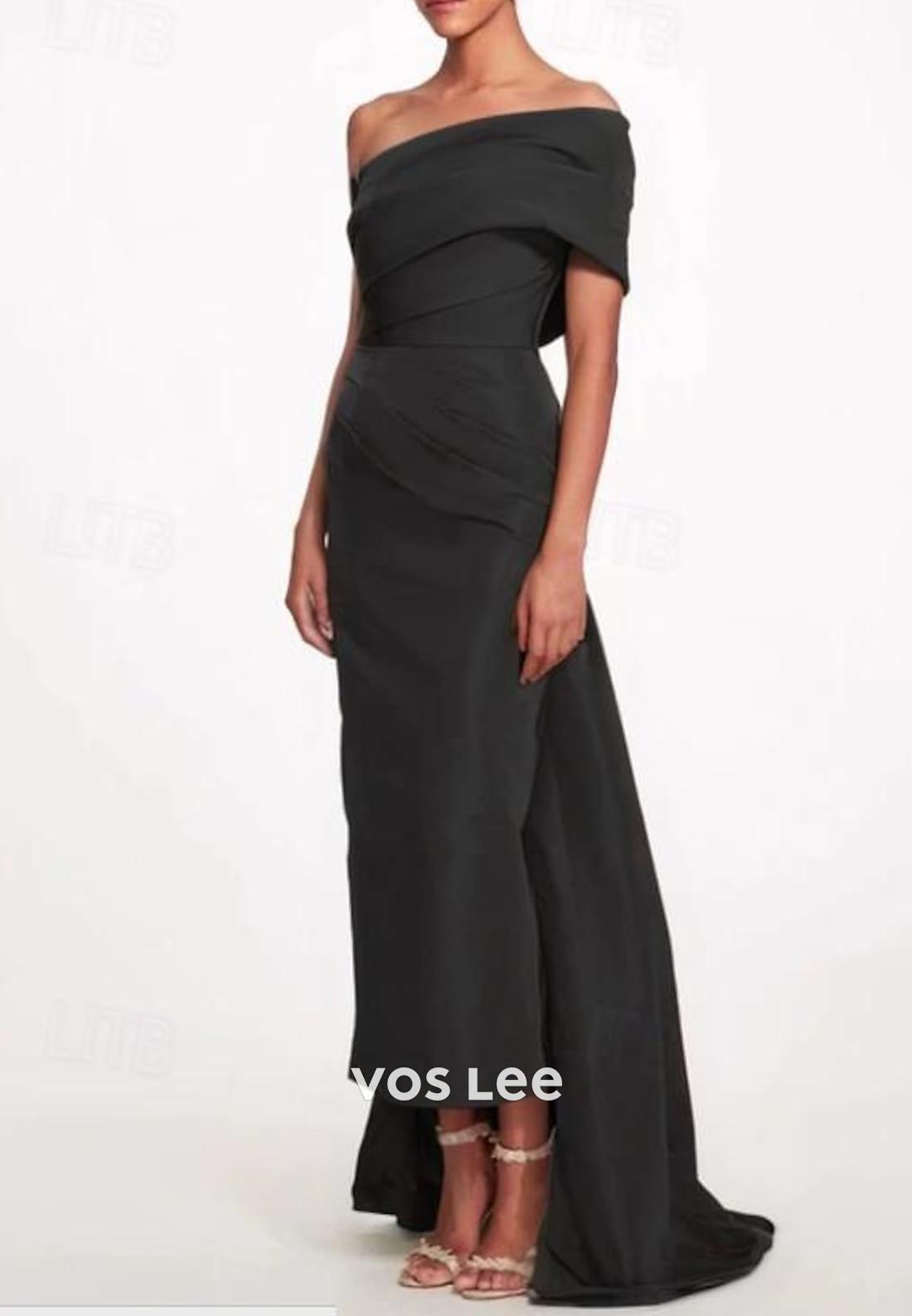 A-Line One Shoulder Pleated Long Evening Dress Formal Dress with Sweep Train