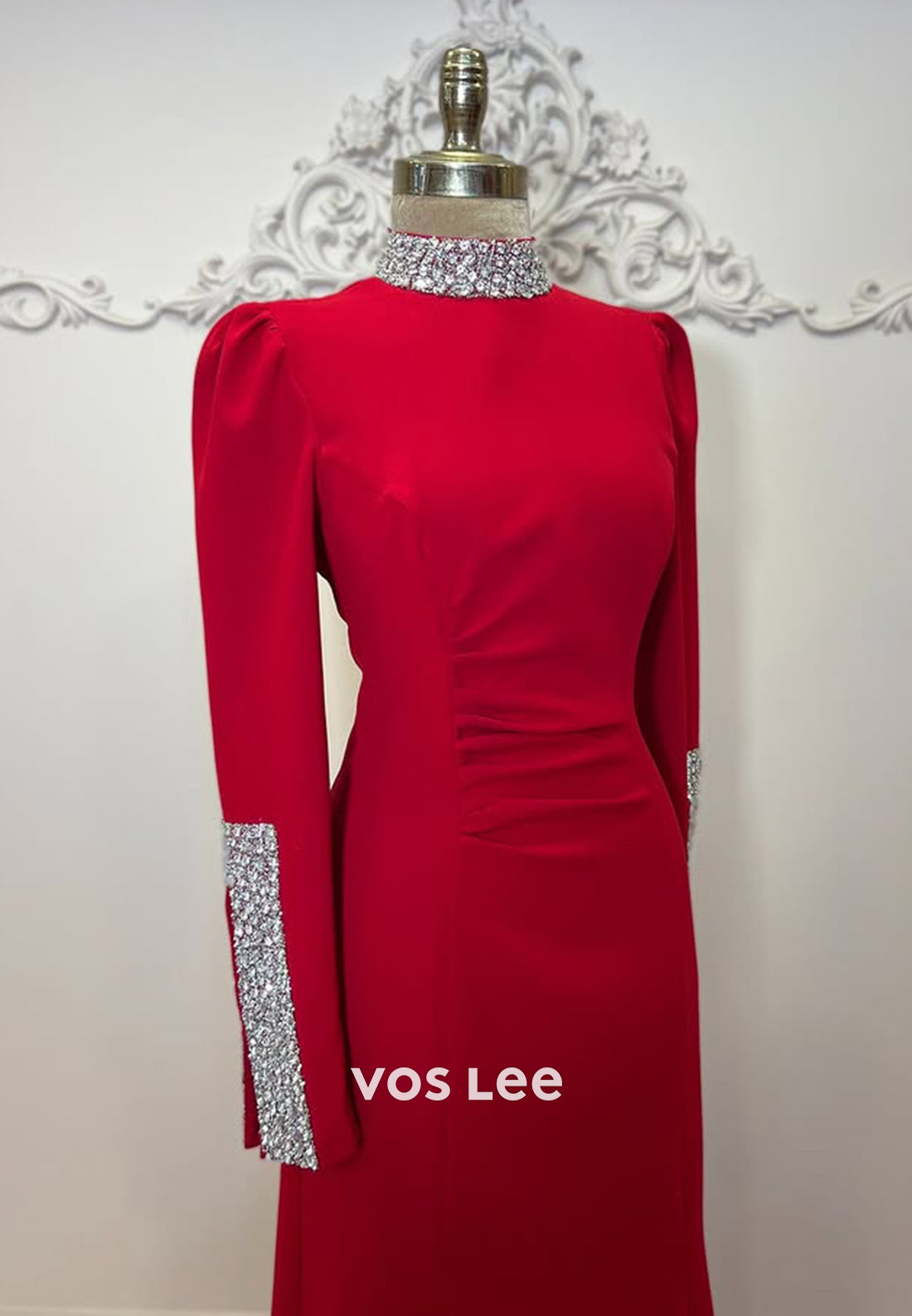 Simple Beaded Long Sleeves Trumpet Evening Dress Formal Party Gown