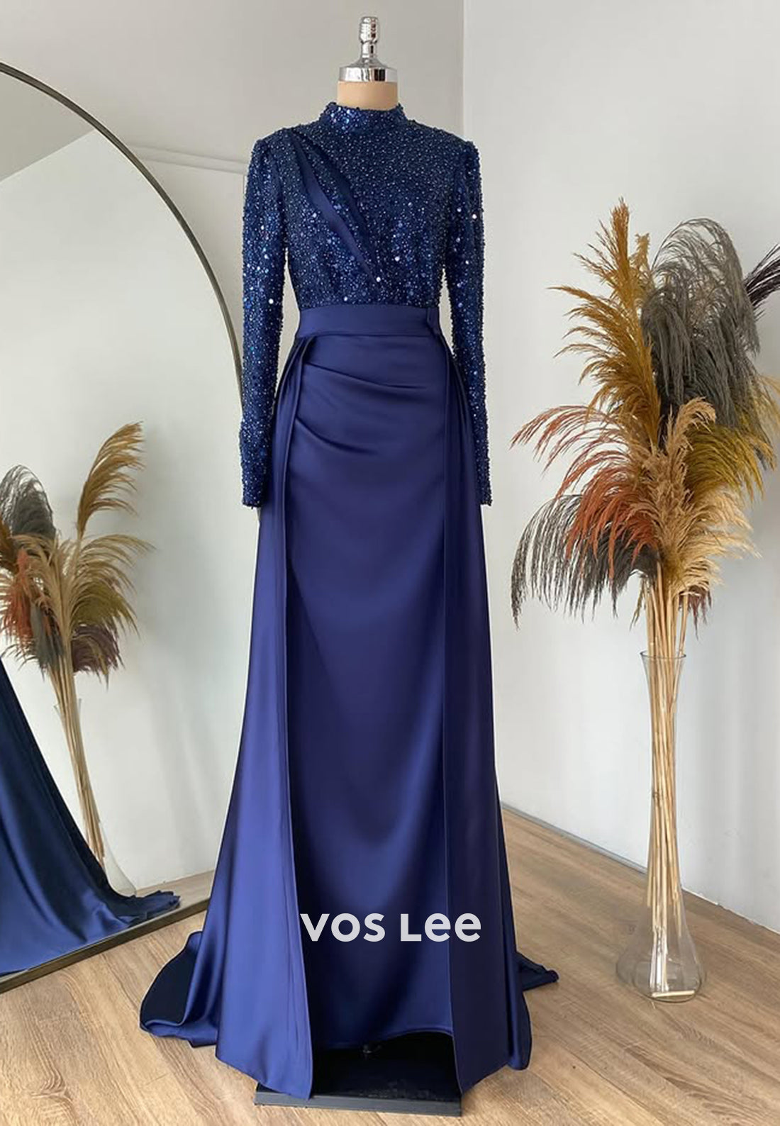 Sparkle Sequined Long Sleeves Evening Dress Classic Satin Formal Party Gown