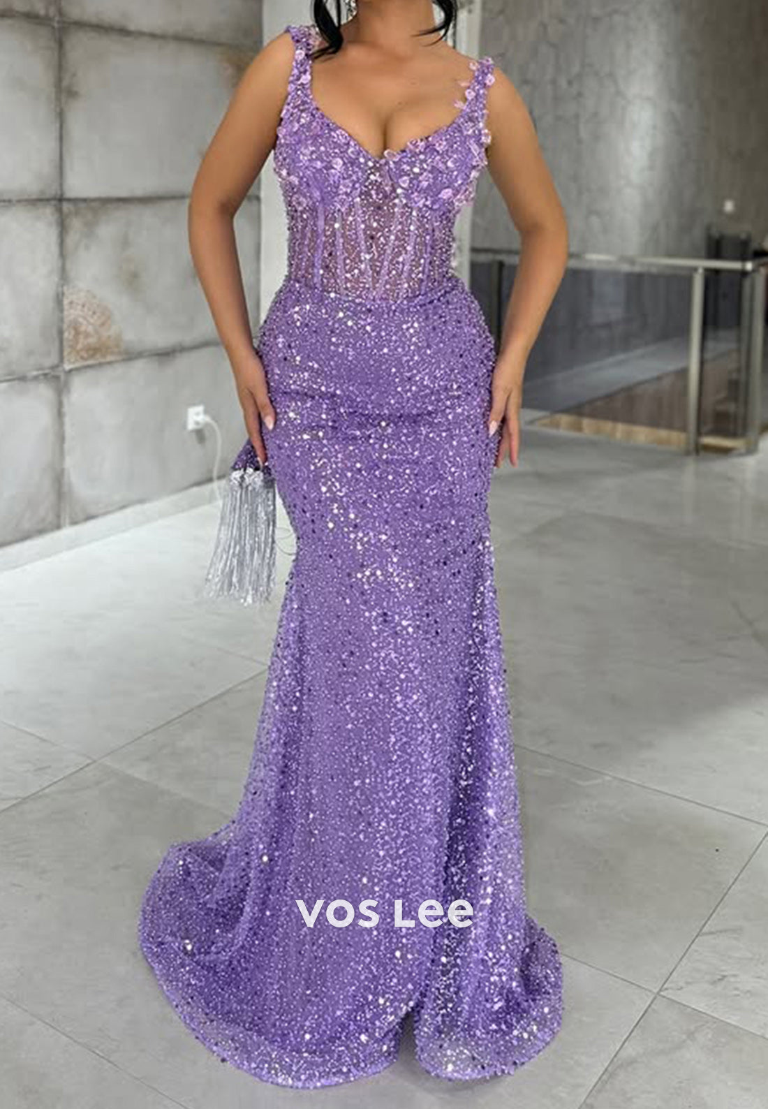 Sparkle Floral Purple Straps Sequined with Train Prom Dress Formal Evening Gown