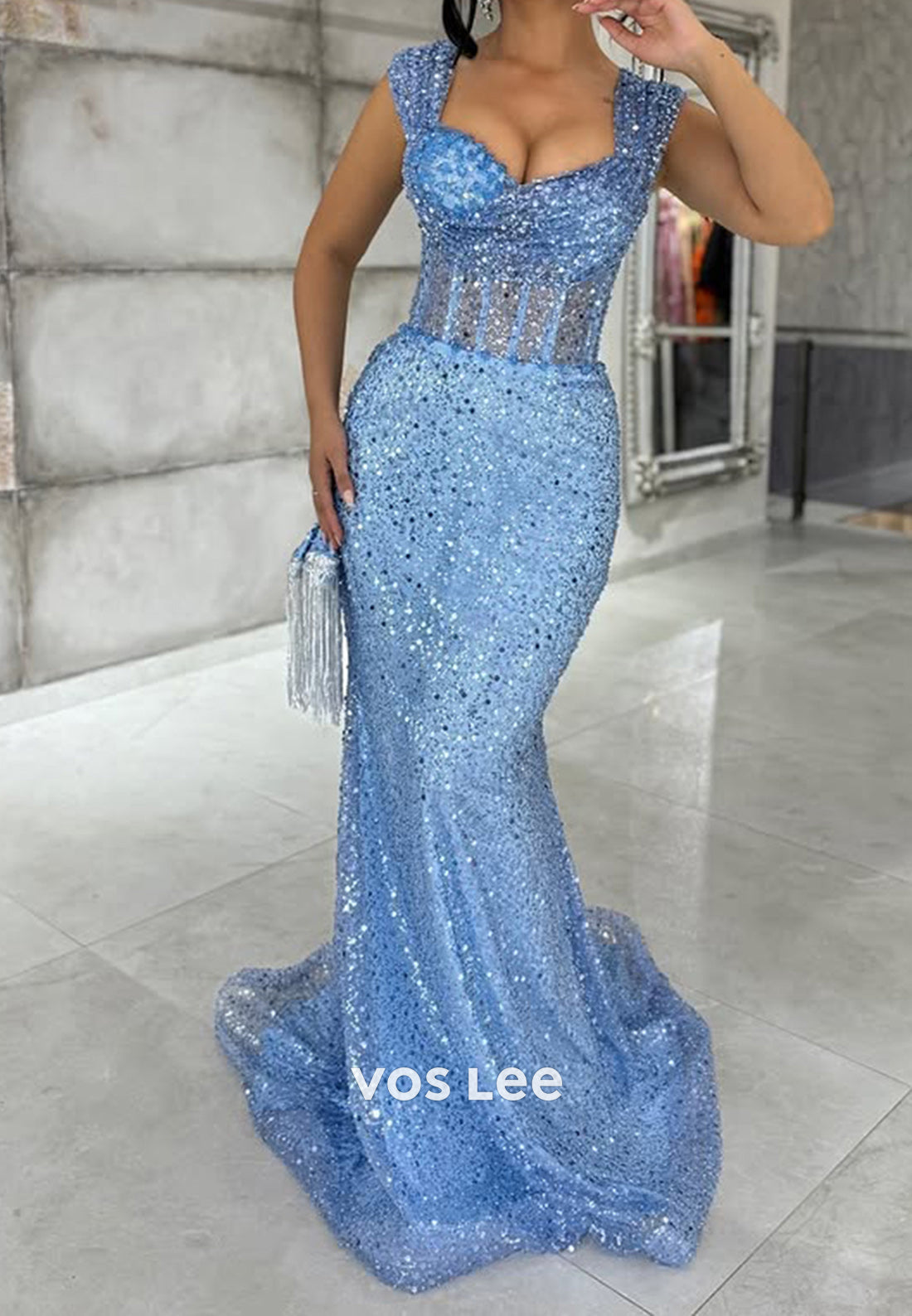 Formal Blue Square Sequined Trumpet Evening Dress Sparkle Corset Prom Gown