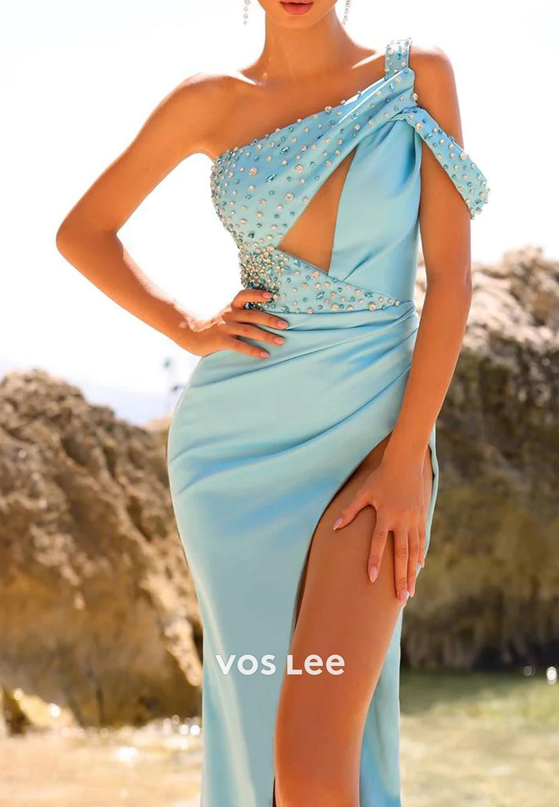 Asymmetrical Neck Rhinestone One Shoulder Pleated Mermaid Floor-Length Evening Dresses