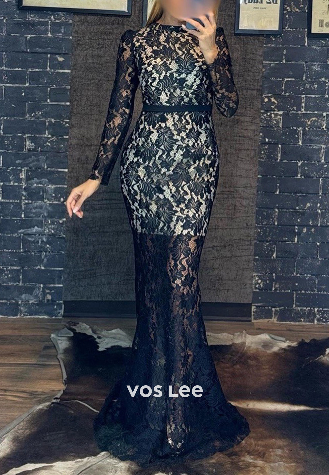 Illusion Cutout Long Sleeve Scoop Lace Mermaid Evening Dresses with Sweep Train
