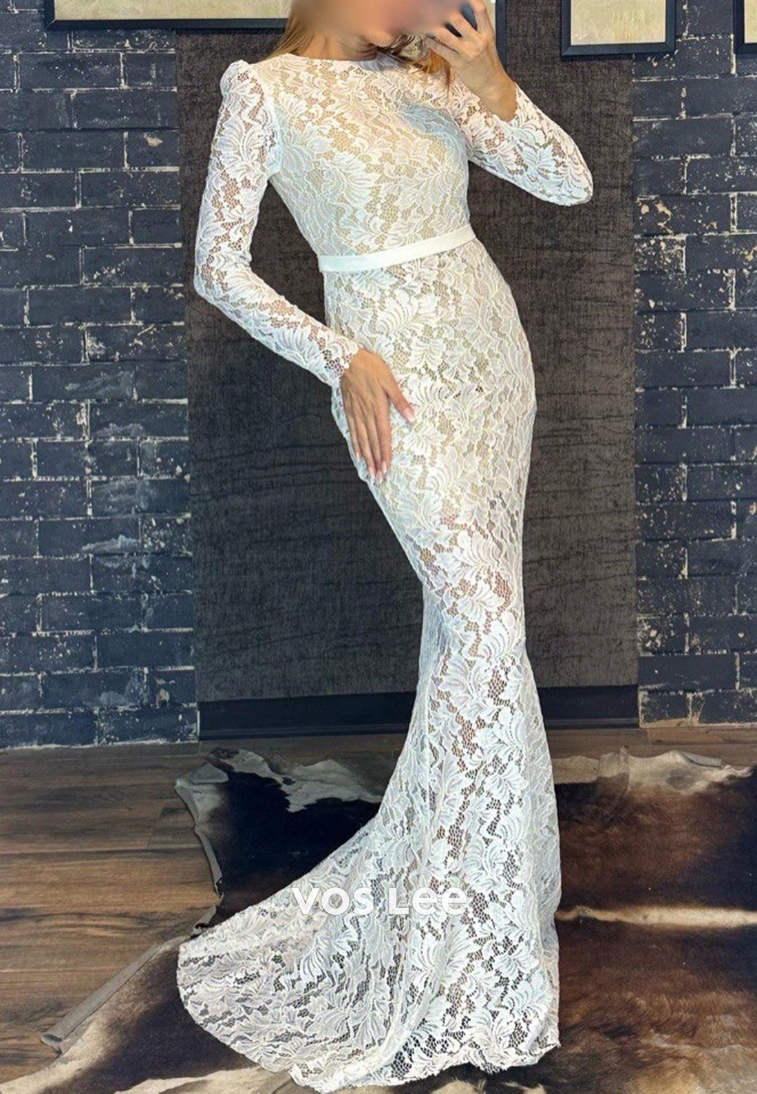 Illusion Cutout Long Sleeve Scoop Lace Mermaid Evening Dresses with Sweep Train