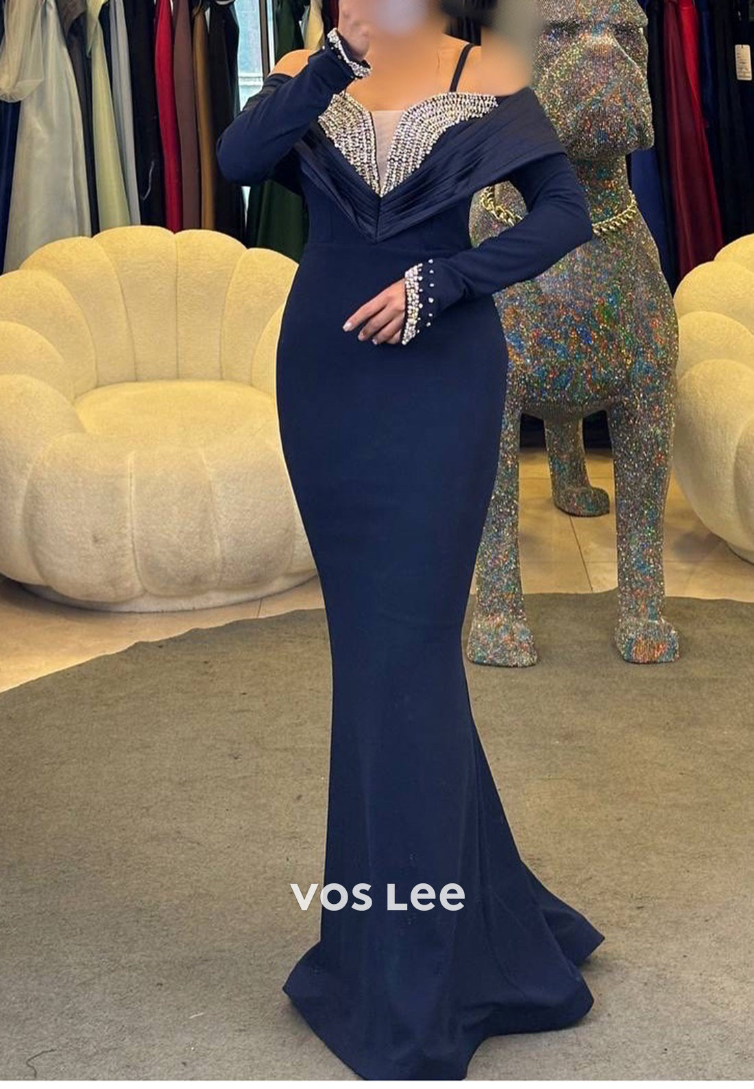 Long Sleeve Sweetheart Spaghetti Straps Rhinestone Pleated Mermaid Evening Dresses
