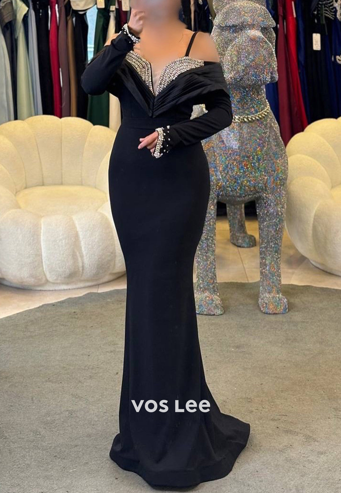 Long Sleeve Sweetheart Spaghetti Straps Rhinestone Pleated Mermaid Evening Dresses