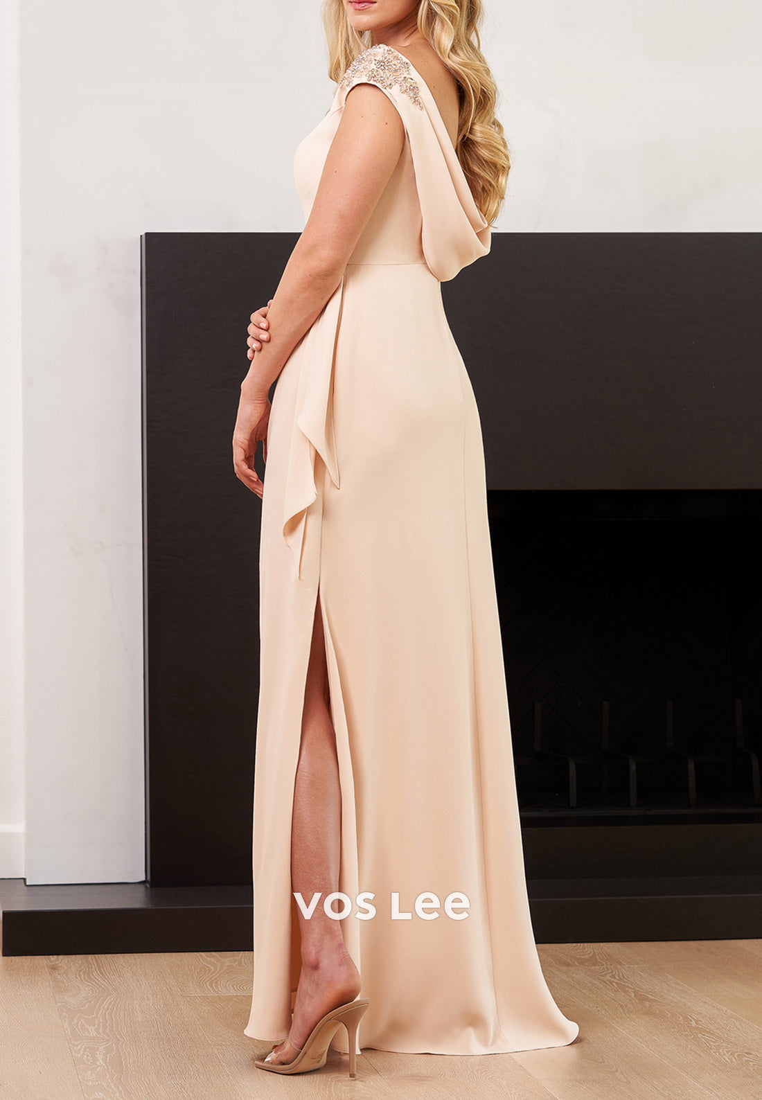Cap Sleeves V Neck Rhinestone Sheath Floor-Length Mother of Bride Dresses with Split
