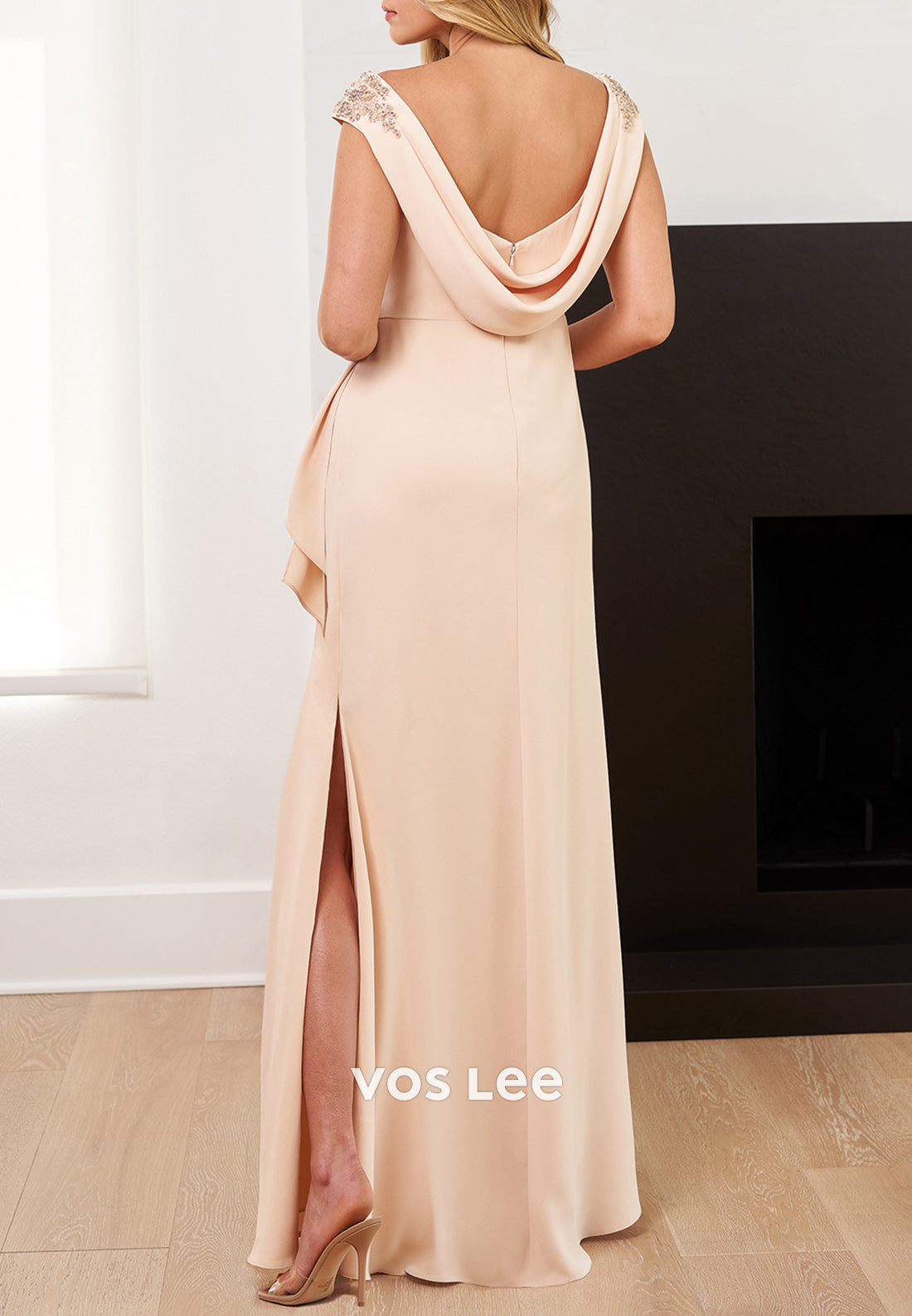 Cap Sleeves V Neck Rhinestone Sheath Floor-Length Mother of Bride Dresses with Split