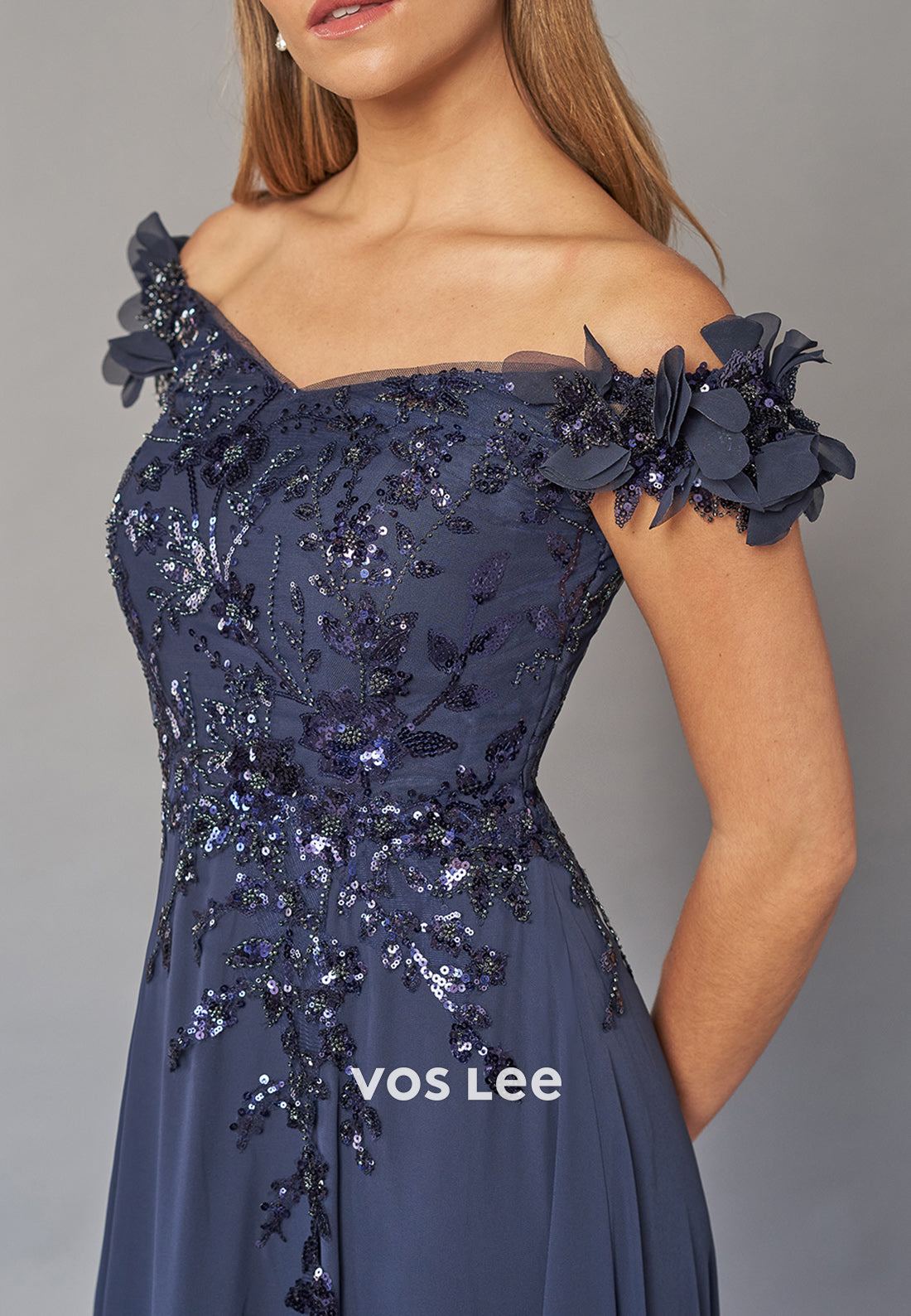 A-Line Off the Shoulder Beaded Sequins Ruched Mother of Bride Dresses with Split