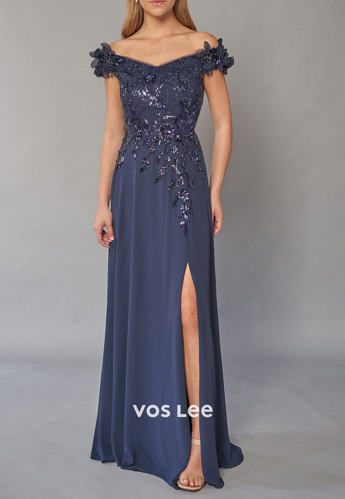 A-Line Off the Shoulder Beaded Sequins Ruched Mother of Bride Dresses with Split