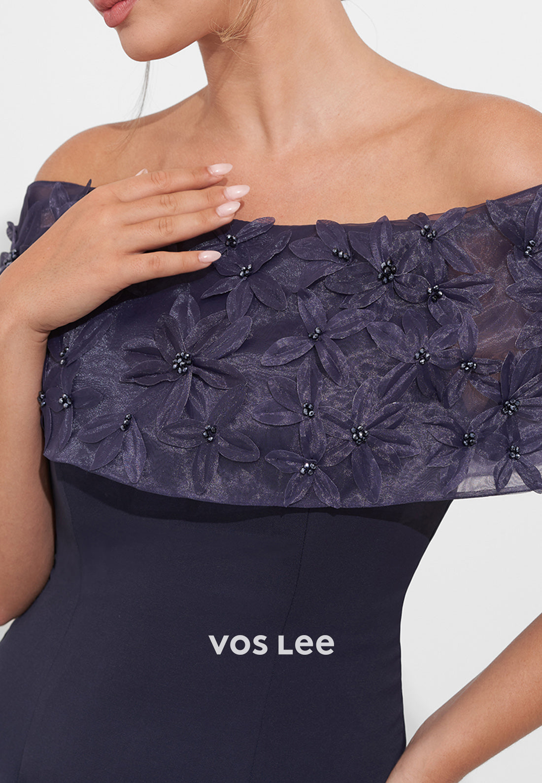 Off the Shoulder Floral Embossed Ruched Mermaid Mother of Bride Dresses with Side Split