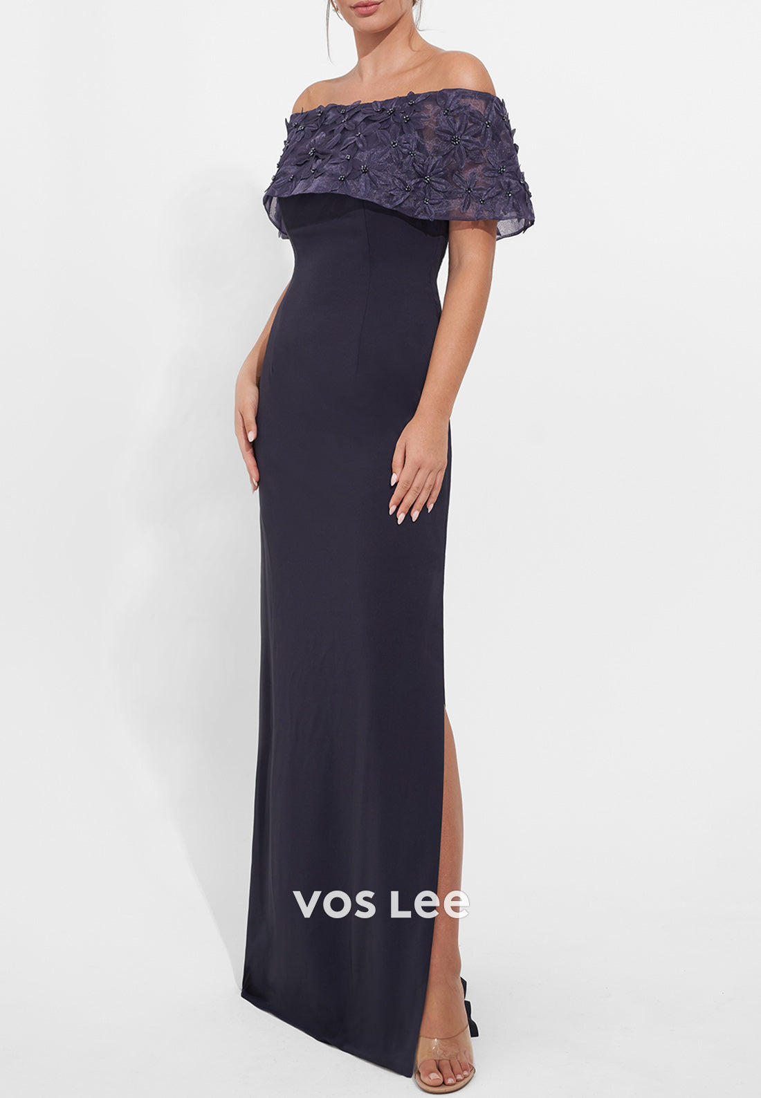 Off the Shoulder Floral Embossed Ruched Mermaid Mother of Bride Dresses with Side Split