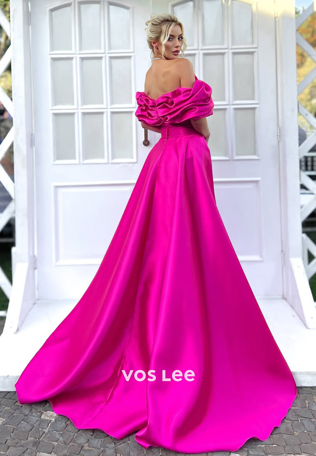 Chic Ruched Off-Shoulder A-Line Solid Fuchsia Evening Dress Formal Party Guest Gown