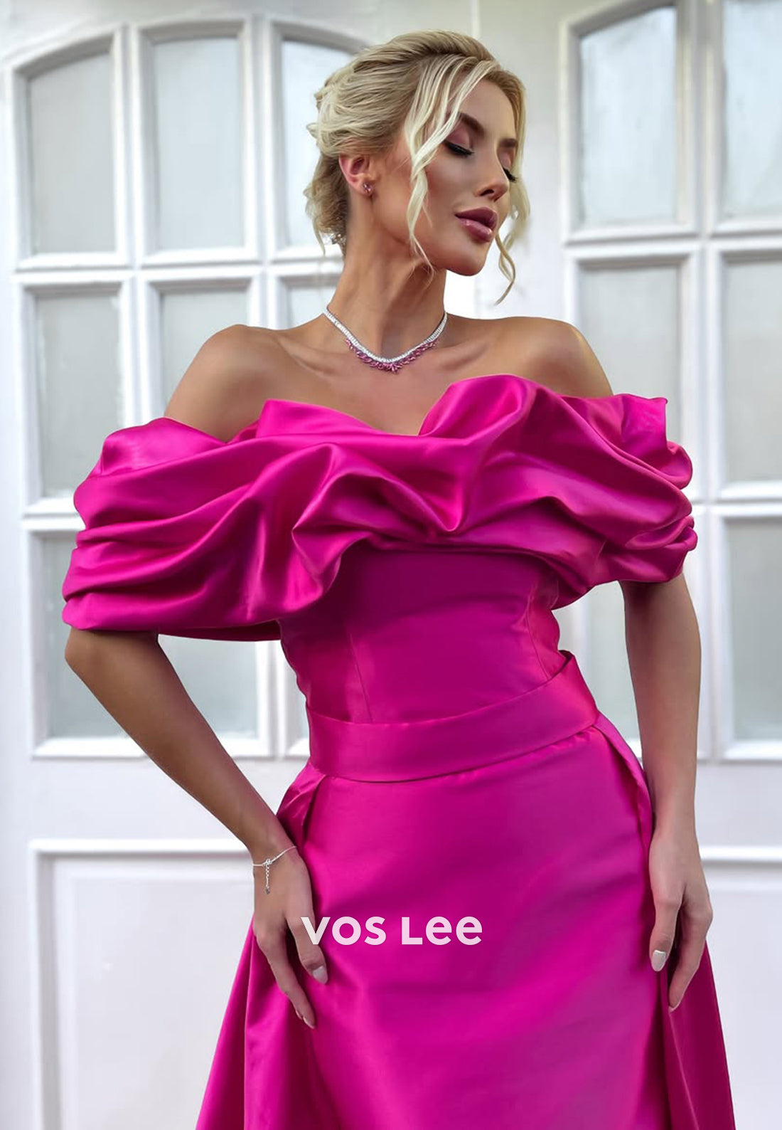 Chic Ruched Off-Shoulder A-Line Solid Fuchsia Evening Dress Formal Party Guest Gown