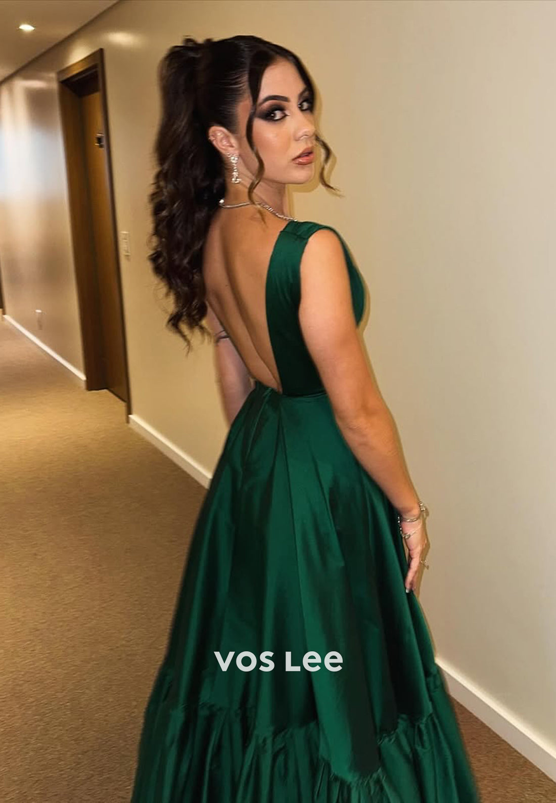 Sexy V-Neck Dark Green Solid A-Line Slit Evening Dress Formal Party Guest Gown