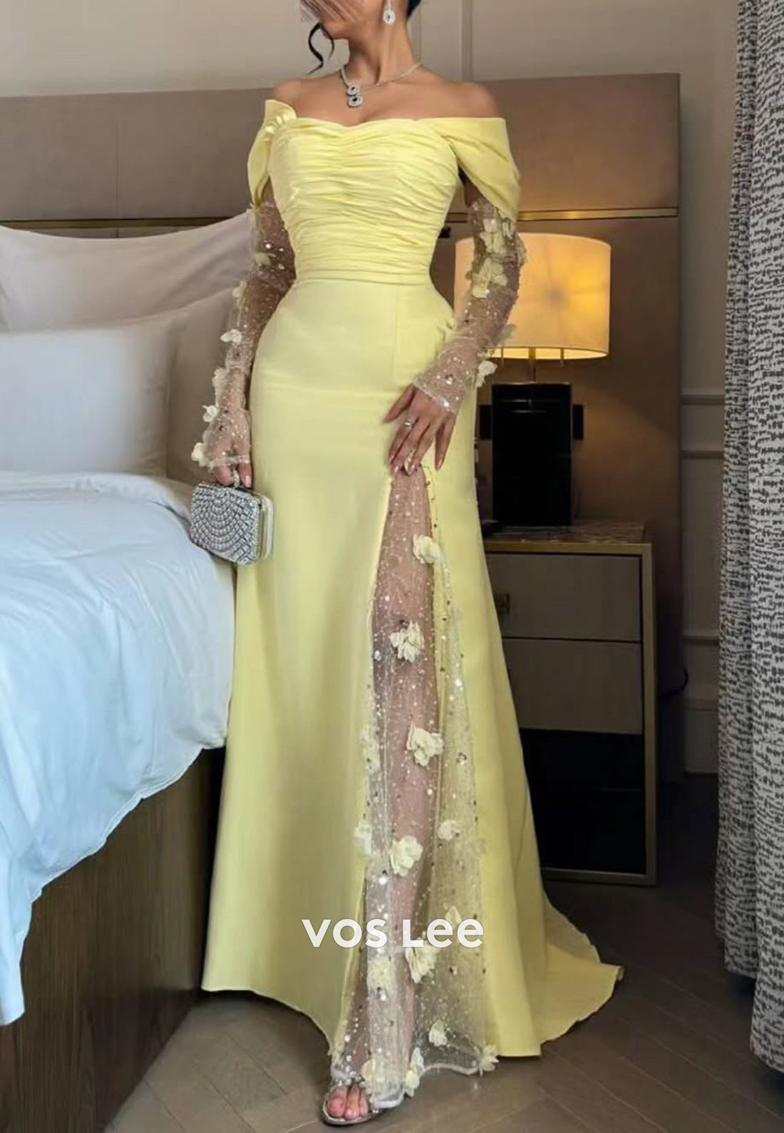 Long Sleeve Off the Shoulder Lace Appliques Sheath Evening Dresses with Side Split