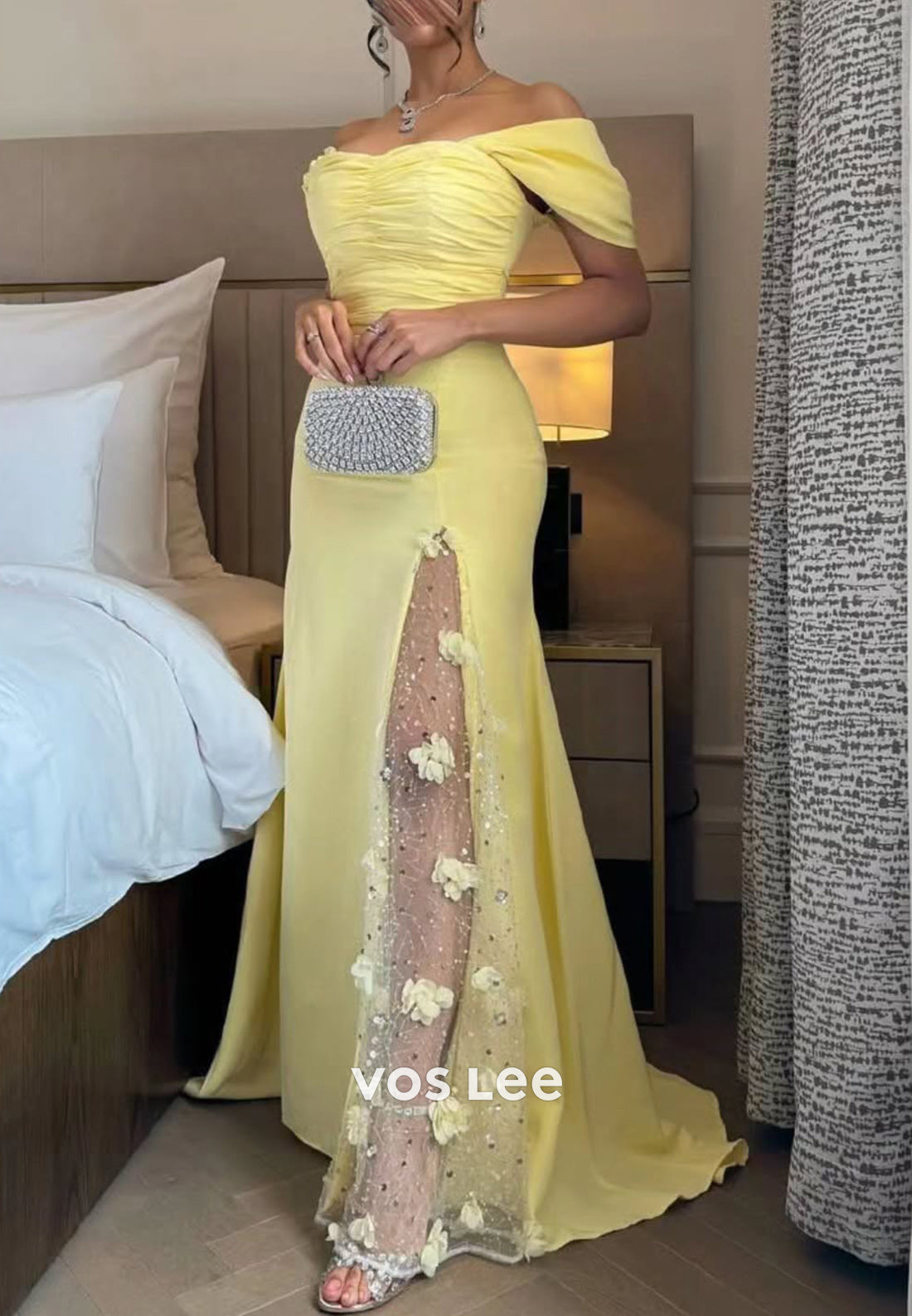 Long Sleeve Off the Shoulder Lace Appliques Sheath Evening Dresses with Side Split