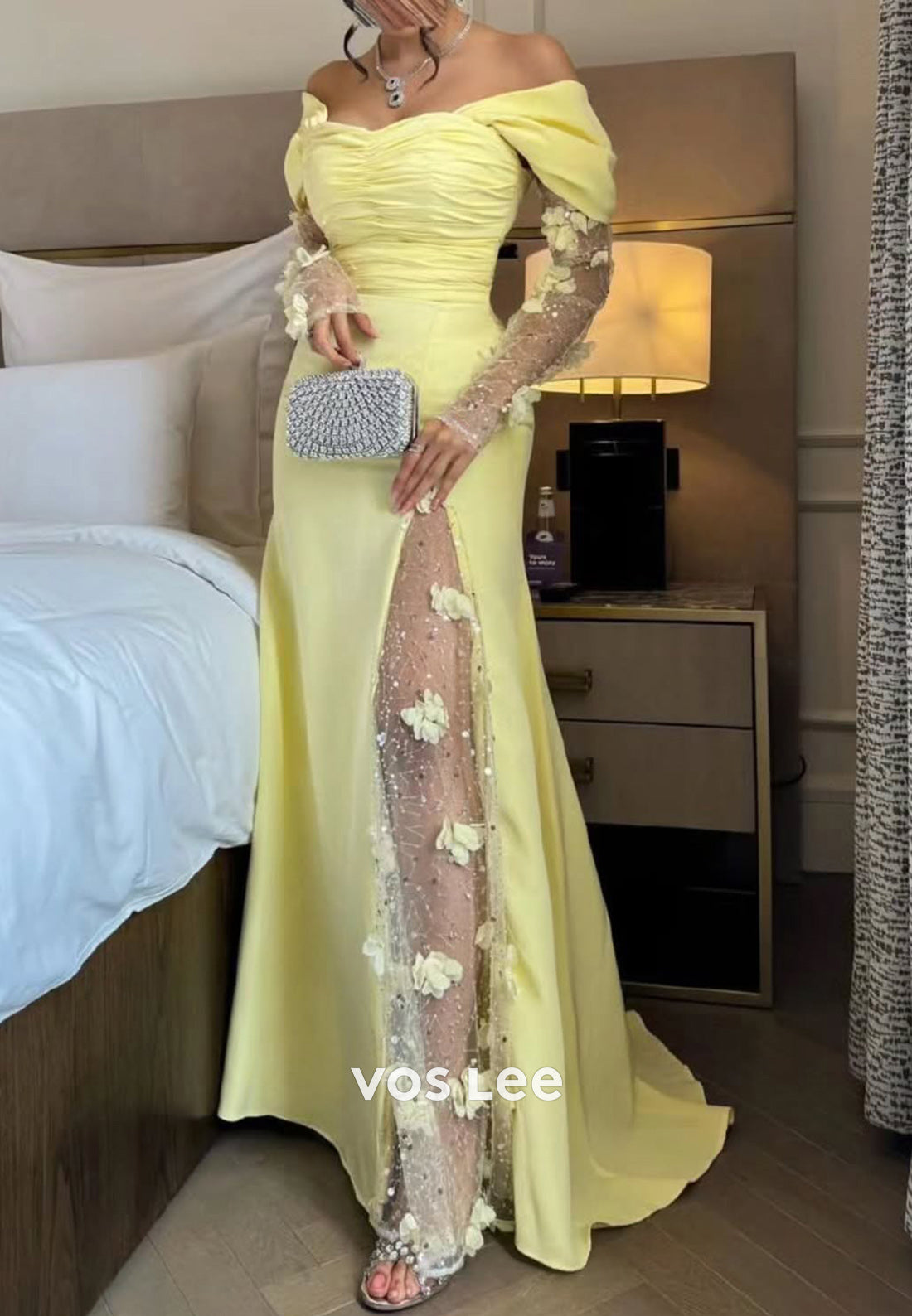 Long Sleeve Off the Shoulder Lace Appliques Sheath Evening Dresses with Side Split