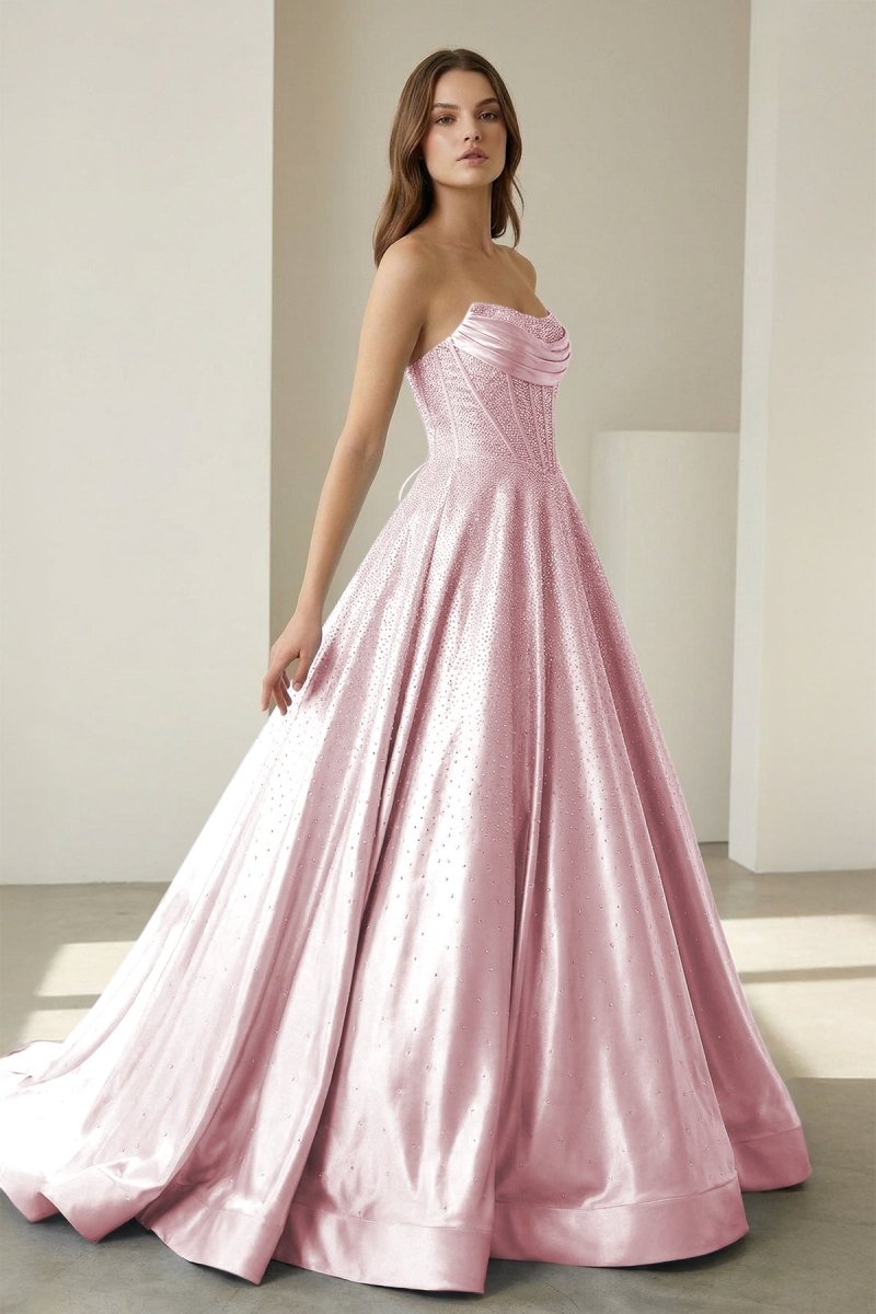 Pink Strapless A Line Satin Beaded Long Prom Dresses With Pockets