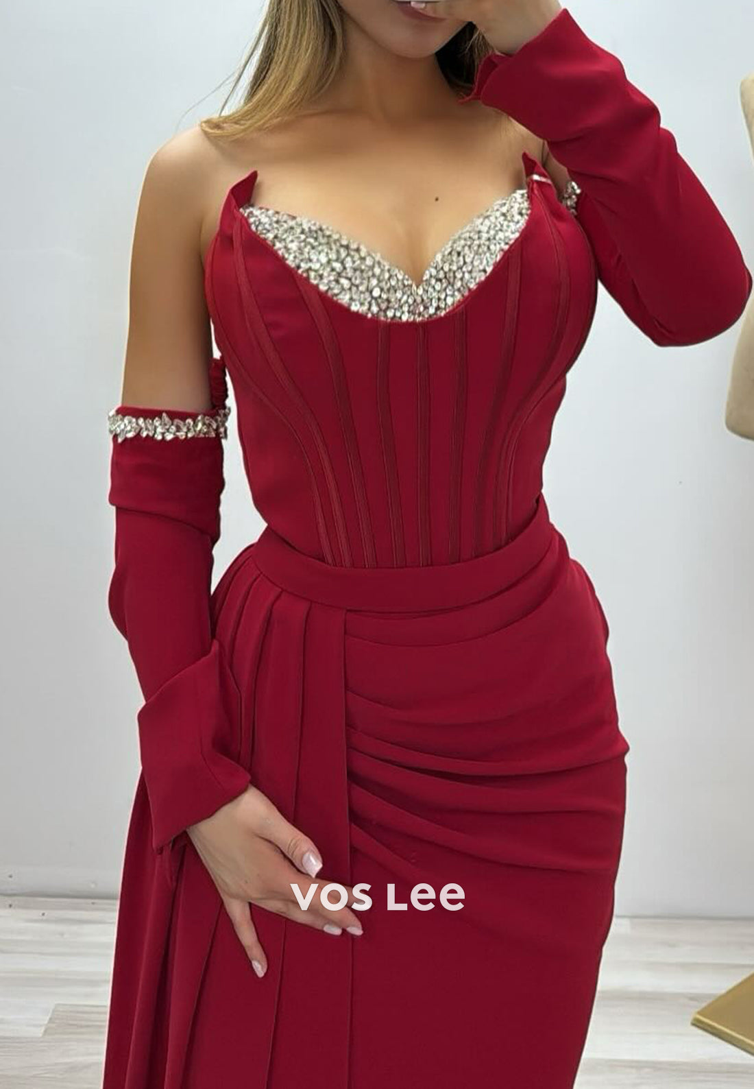 Strapless Sweetheart Rhinestone Embellished Pleated Mermaid Evening Dresses