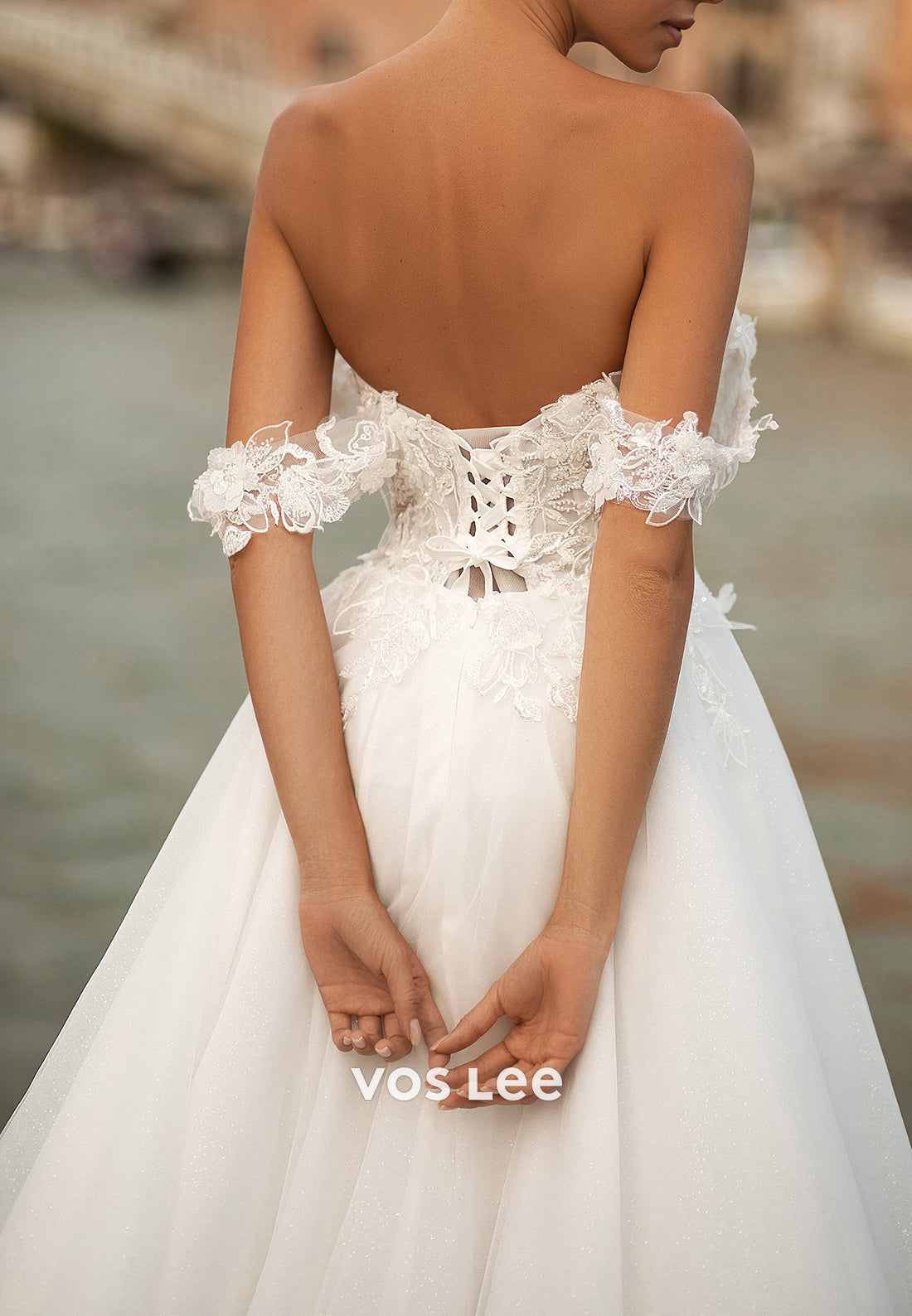 A-Line Off the Shoulder Sweetheart Split Appliques Lace Wedding Dresses with Court Train