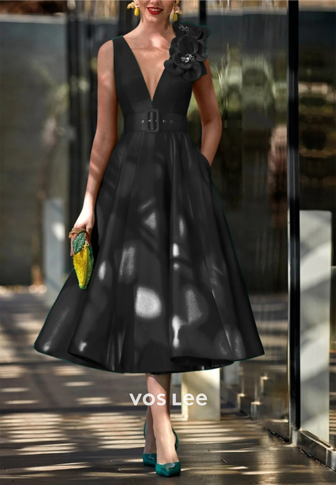 A-Line V Neck Pleats Floral Embossed Evening Dress Midi Dresses