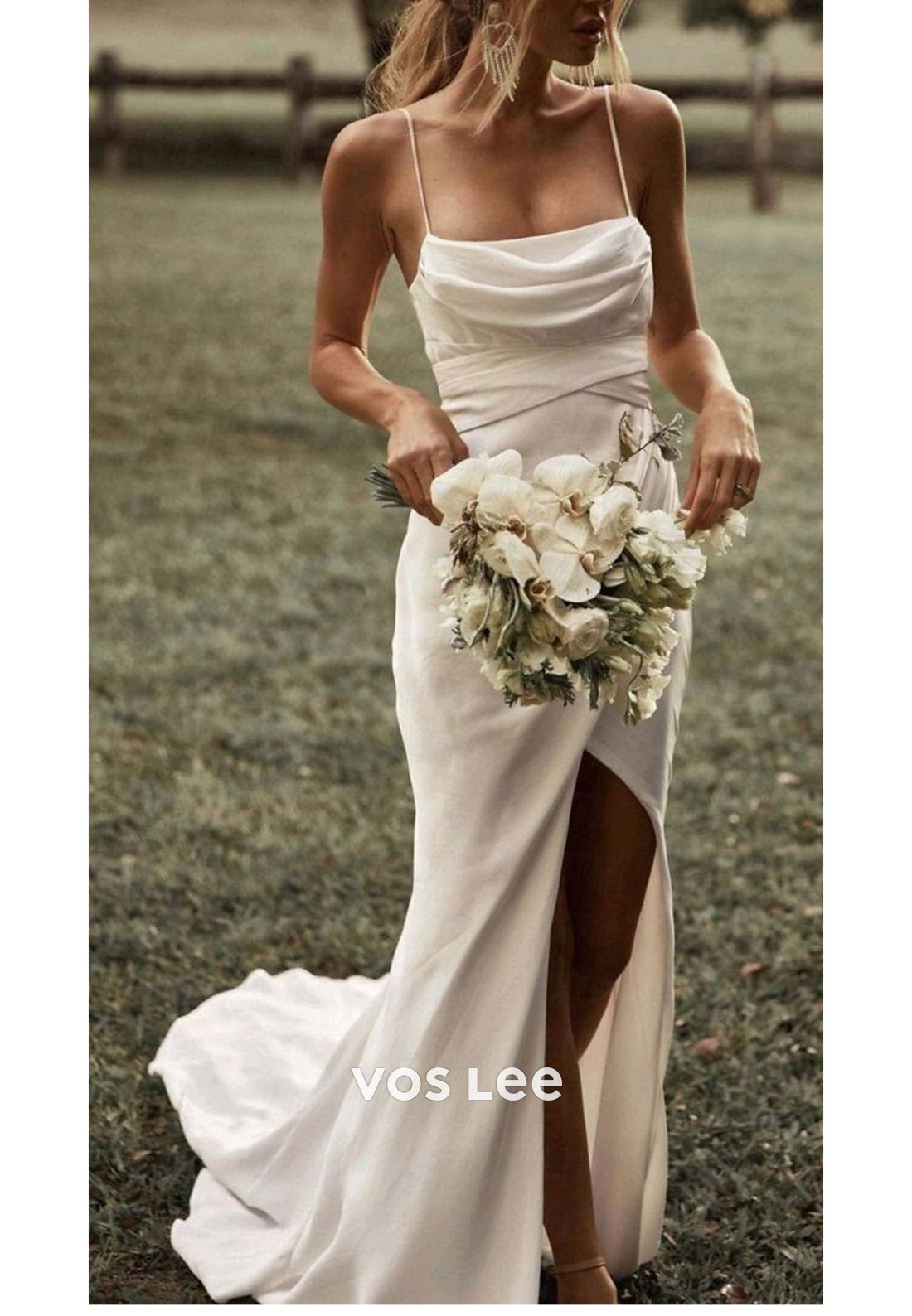 Sexy & Sleek Spaghetti Straps Square Pleated Mermaid Wedding Dresses with Side Split